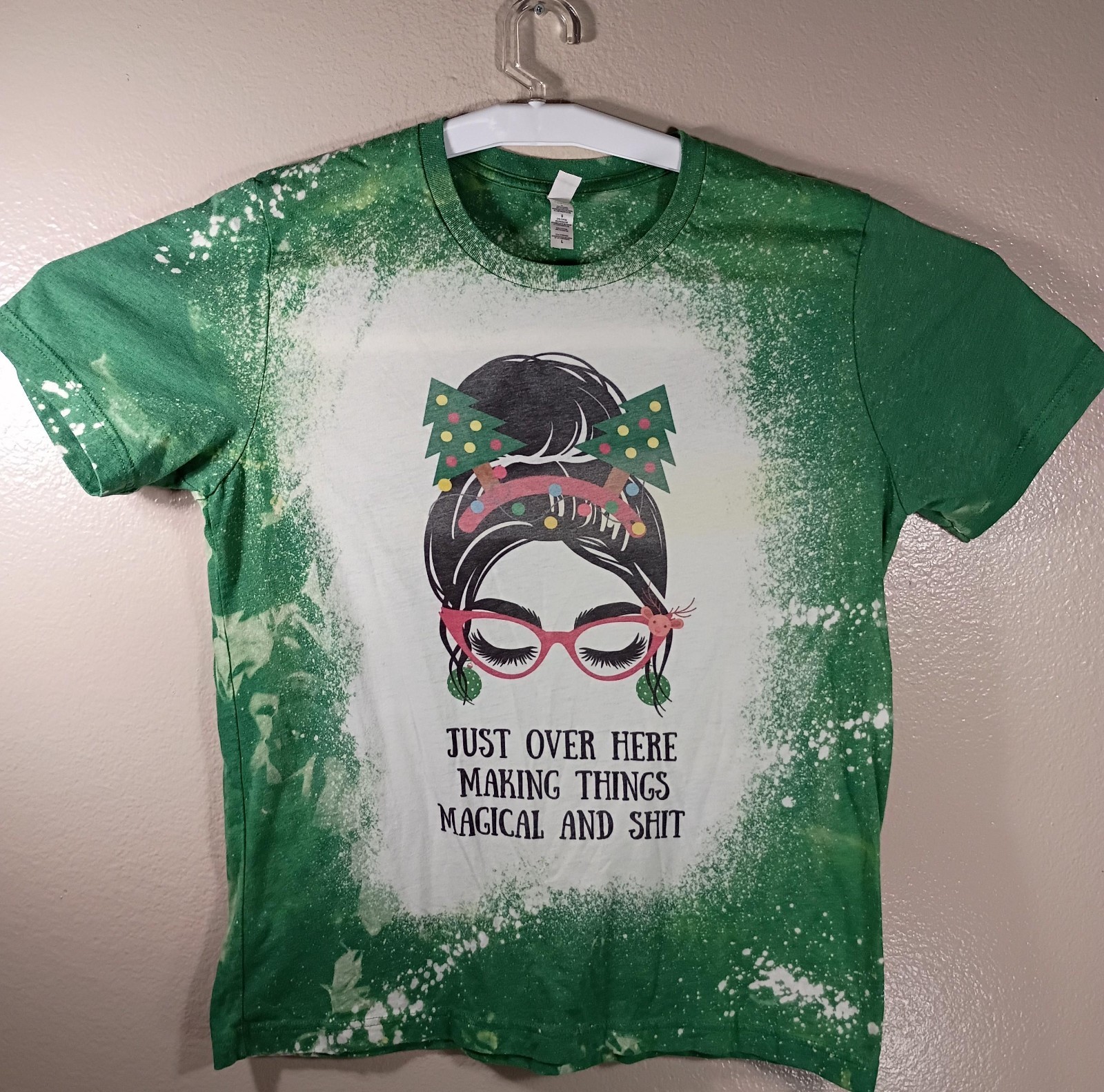 Just Over Here making Things Magical Size# Large Lucky Mama Green Bleached Tee