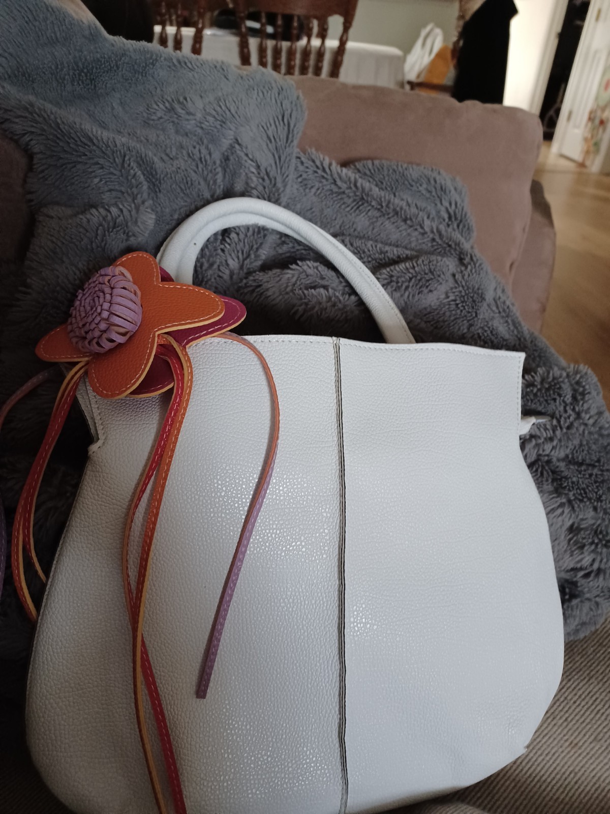 Mellow World Aster 3D Flower Tassel 100% Vegan Leather White Handbag Purse