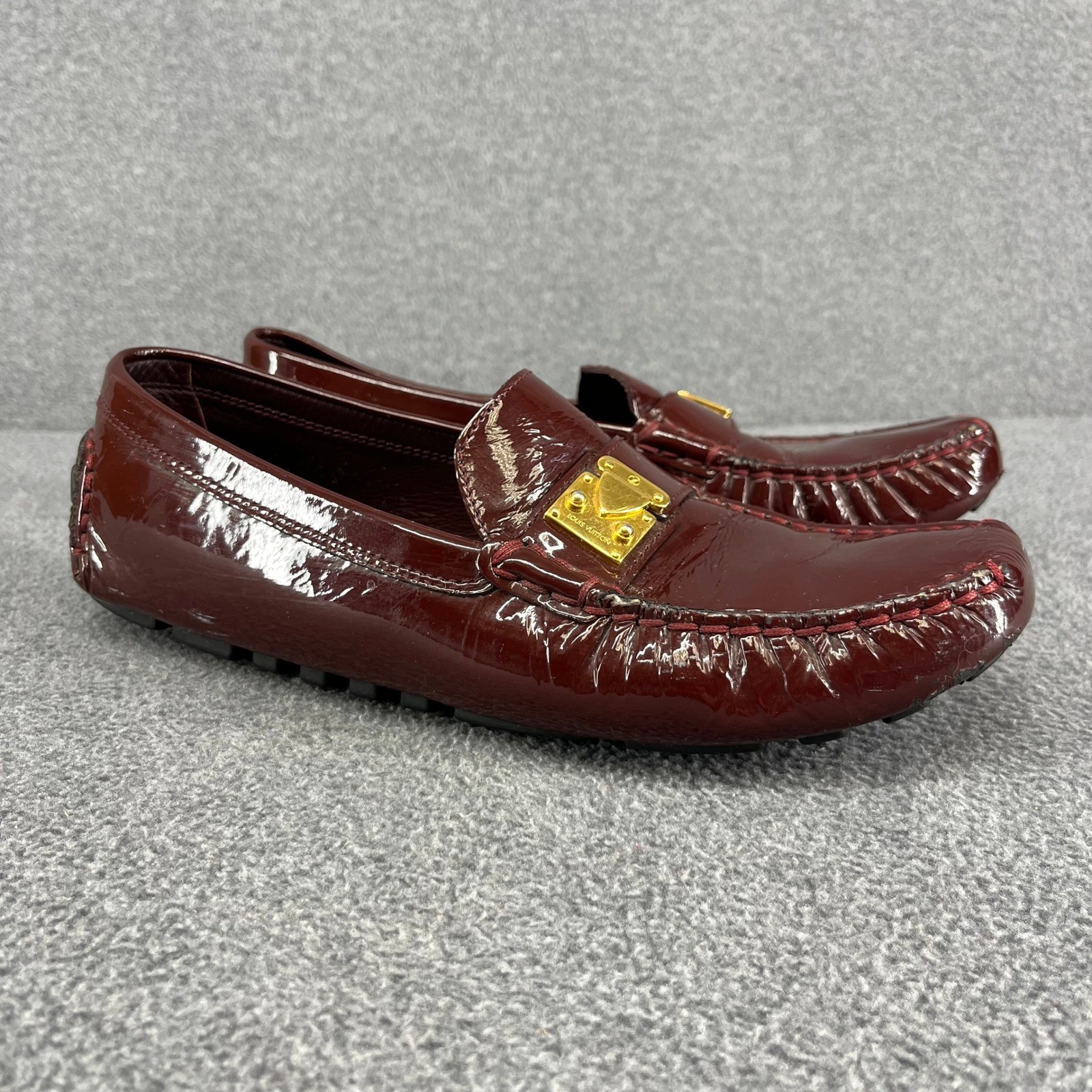 Louis Vuitton Patent Leather Driving Loafers Womens 38 Burgundy S-Lock TD0044