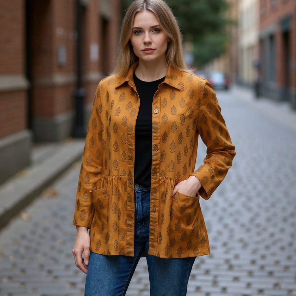 Catalog Classics Mustard Peplum Blouse Medium India Block Print Grandmillennial