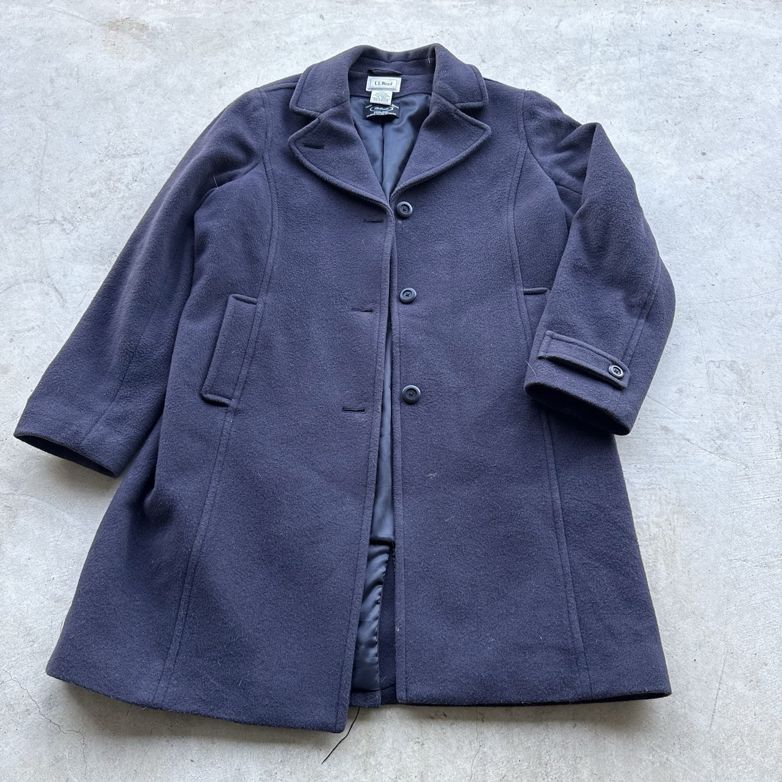 LL Bean Bellandi Italy Fabric Wool Coat Navy Sin Breasted Peacoat Women 14 R