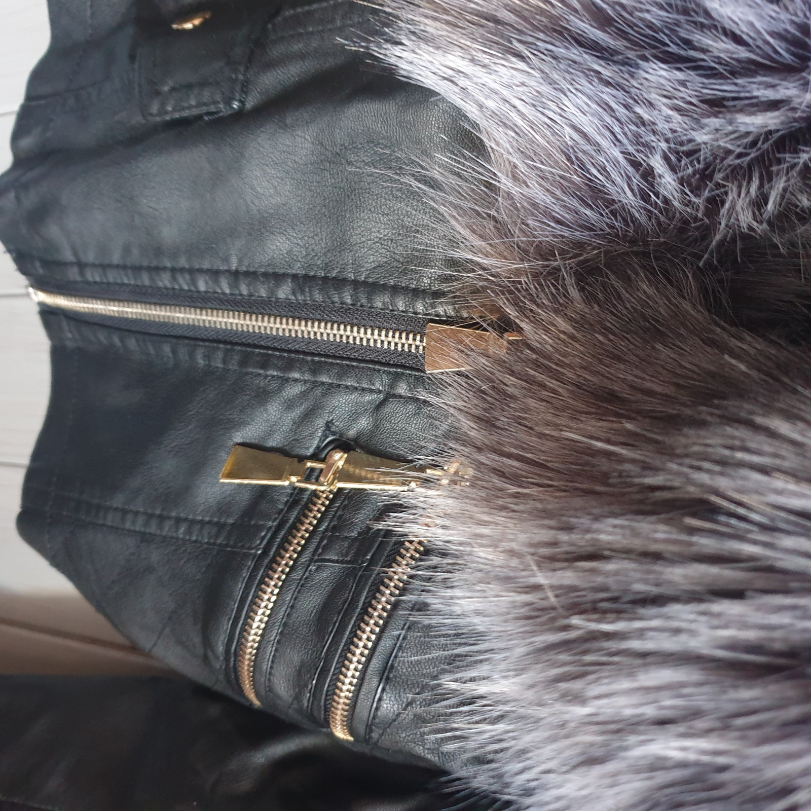 Flamant Rose Black Faux Leather Bomber Biker Jacket Sz S Grey Faux Fur Collar