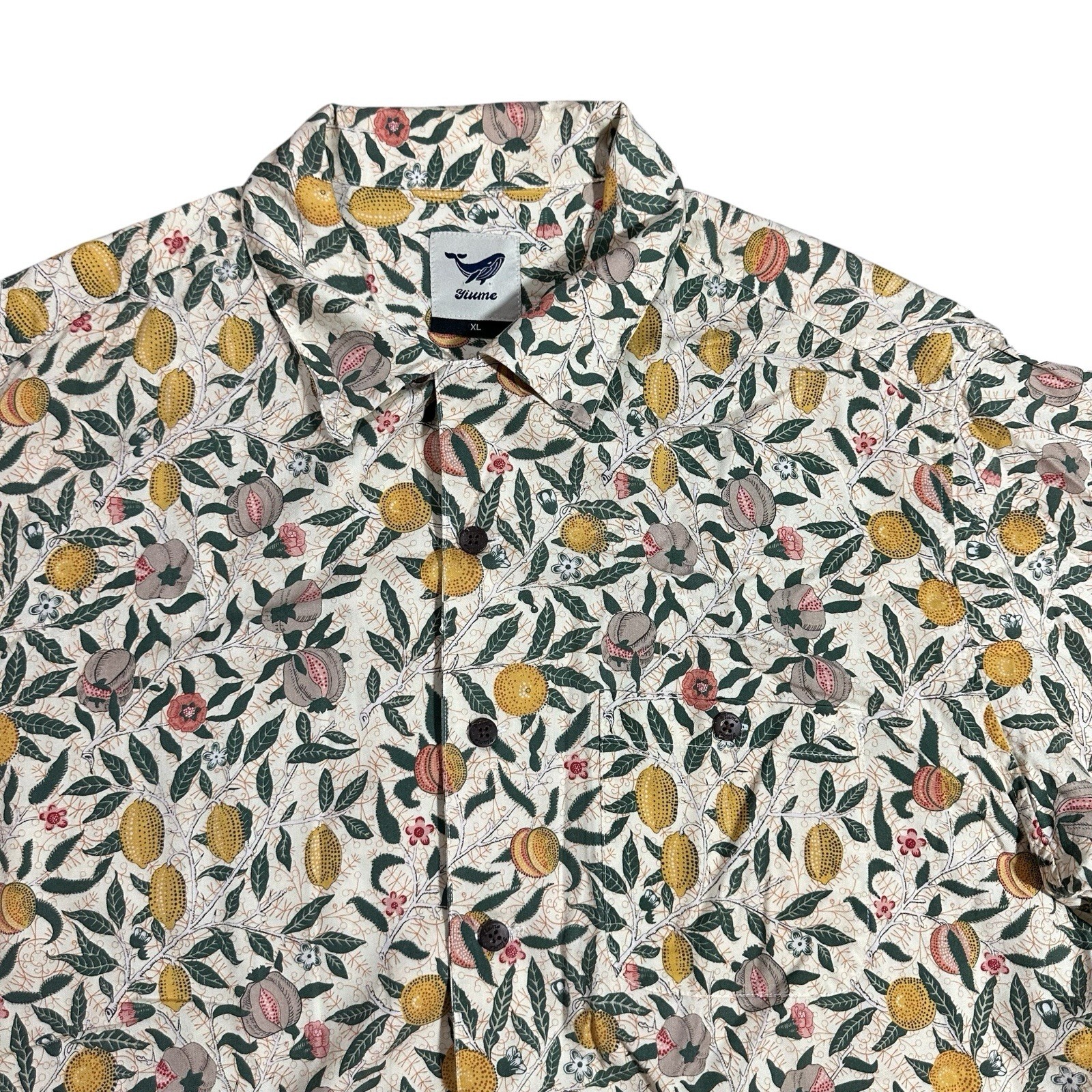 Yiume Men’s Size XL Hawaiian Camp Button Shirt Pomegranate Fruit Floral Tan SS
