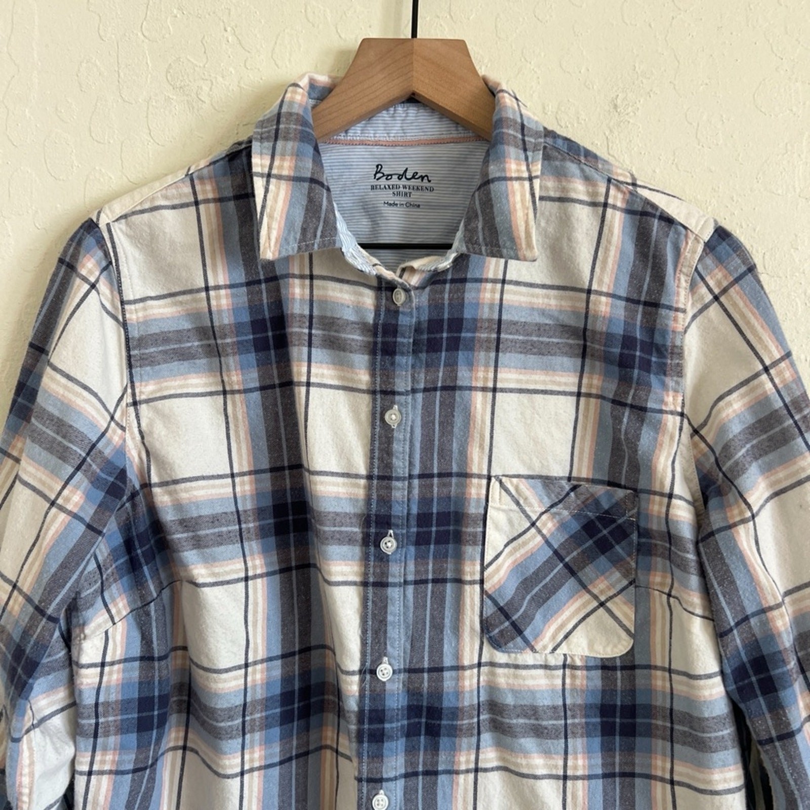 Boden The Relaxed Weekend Shirt Long Sleeve Button Down Flannel US 12 Blue Plaid