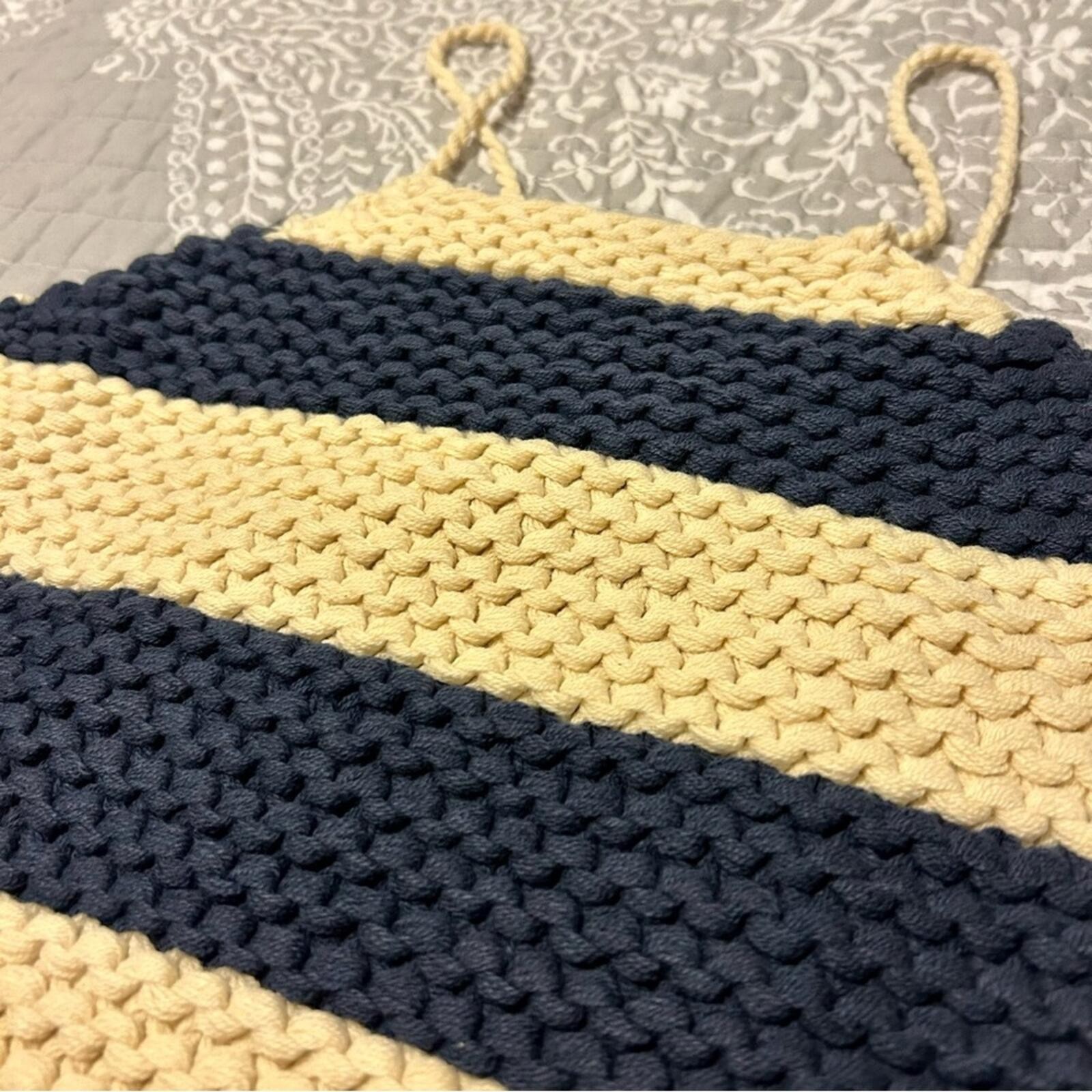 Brand New Bardot Navy Blue & Beige Chunky Striped Knit Backless Halter Top