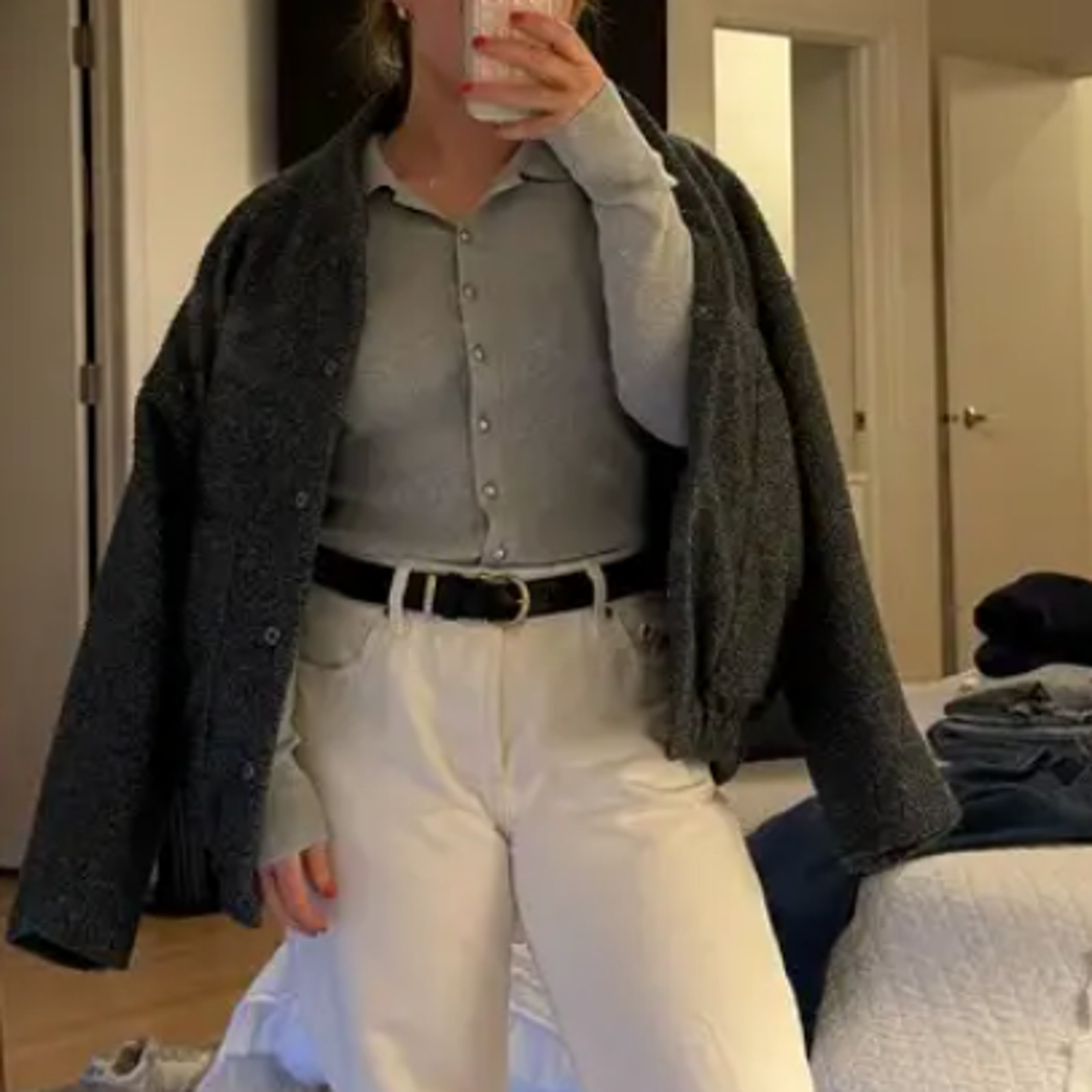 Michael Kors Gray Polo Sweater SMALL Fitted Cardigan Preppy Silk Cotton $300