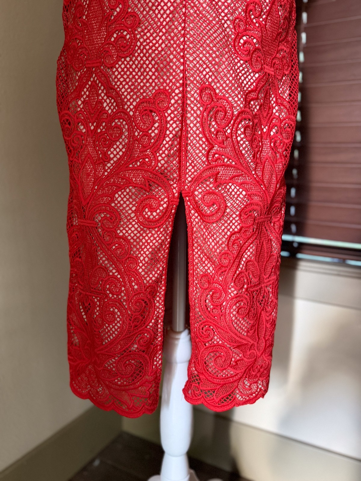 Stylestalker Small Stella Lace Off Shoulder Midi Pencil Dress Red Nude Lace