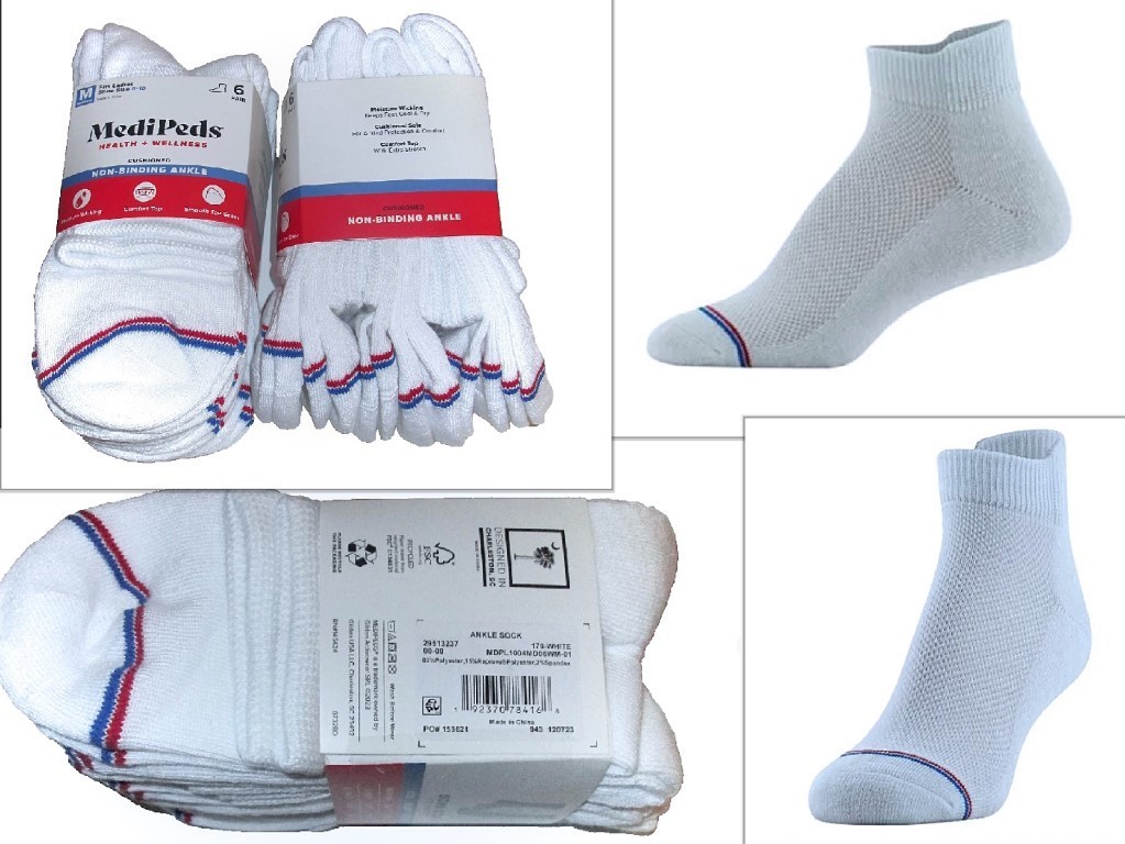 6 Pairs Womens Medipeds Cushioned & Vented Moisture Wicking Diabetic Ankle Socks