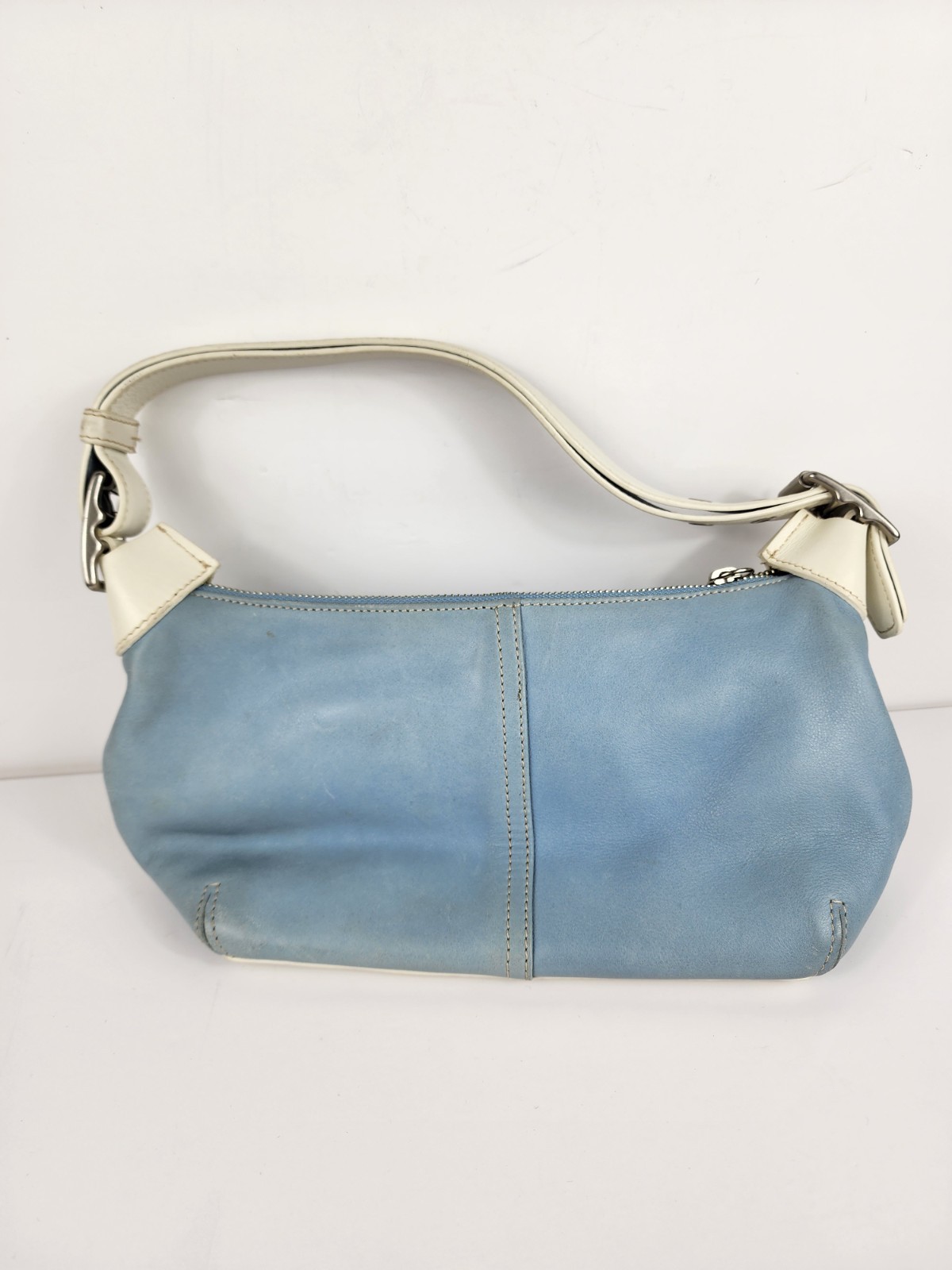 Vintage Coach 9564 Blue Leather Ergo Shoulder Bag Purse White Trim Hobo Baguette