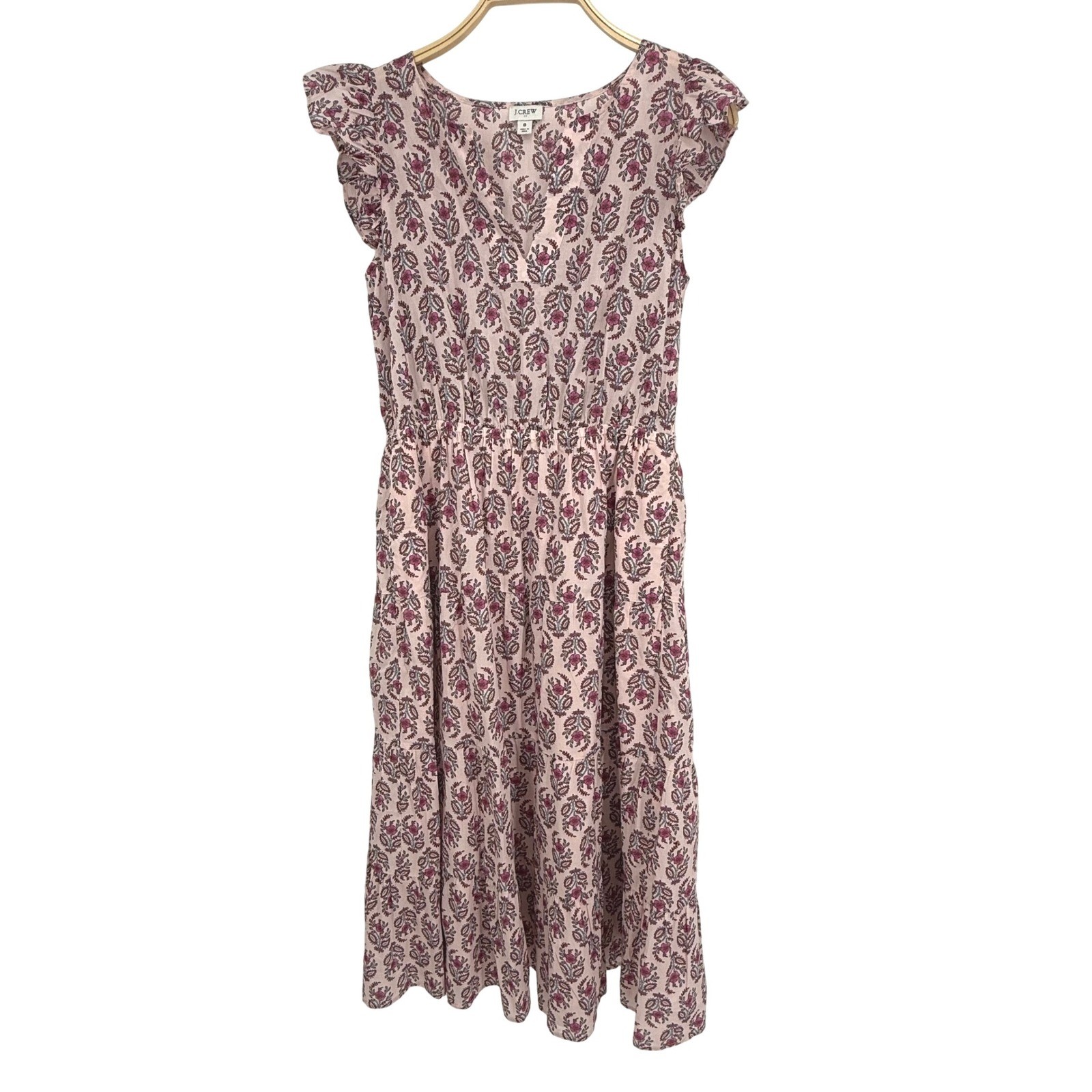 J.Crew Midi Dress Womens 8 Pink Excellent Floral Block Print Ruffle BY539 SP24