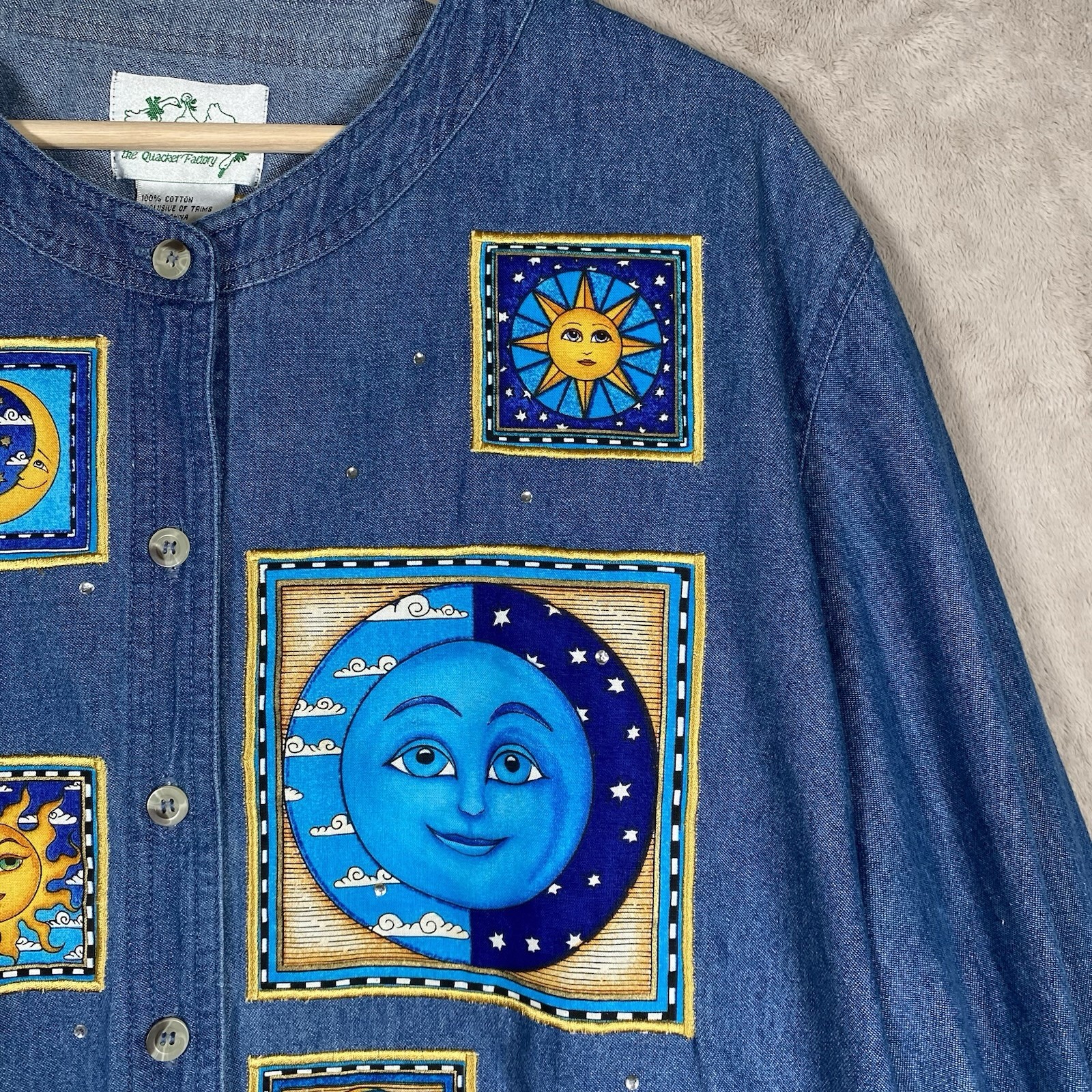 VTG Quacker Factory Denim Shirt Plus 2X Celestial Sun Moon Stars Patches Artsy