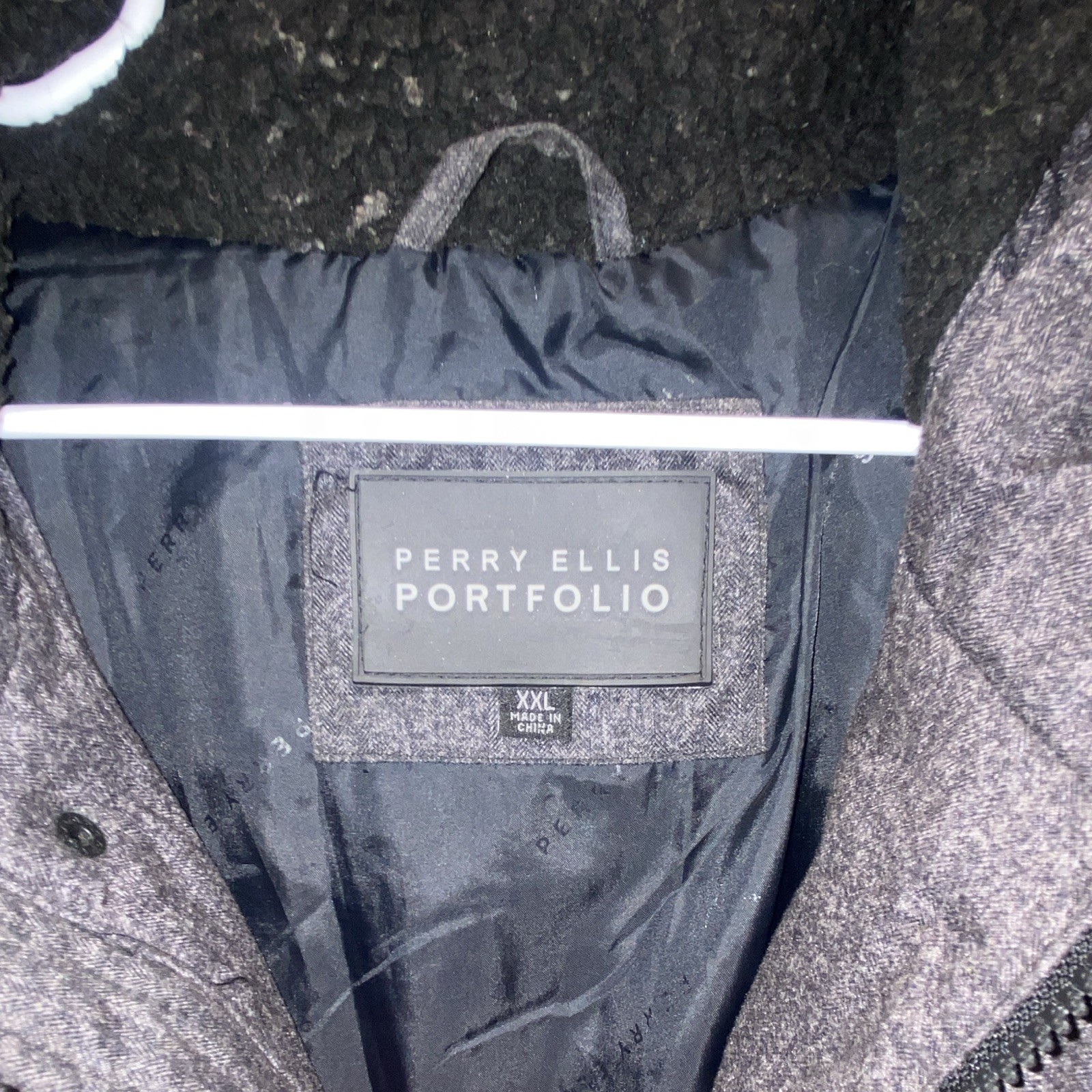 Perry Ellis Portfolio Men’s XXL Gray Hooded Puffer Jacket Full Zip Fur Trim