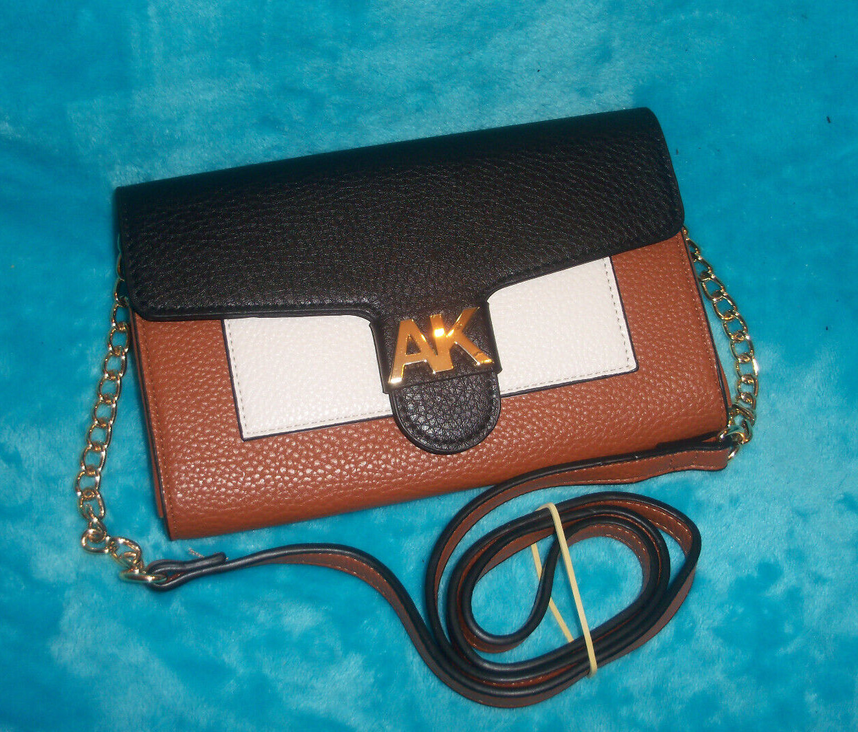 New ANNE KLIEN Black & Saddle Brown Wallet Crossbody Bag – CHAIN STRAP – PEBBLED