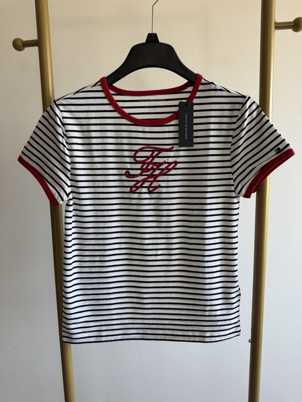 Tommy Hilfiger Women’s White/Black/Red Striped Crew Neck Slim Stretch Tee S/P