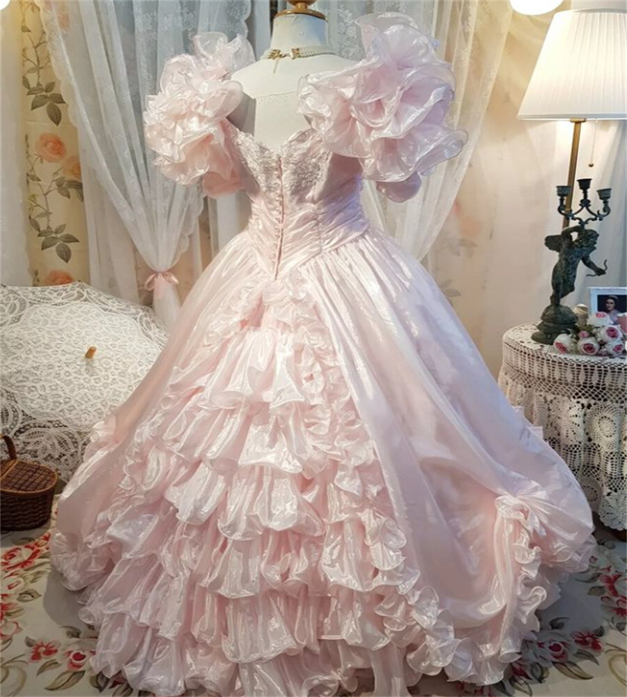 Vintage Pink Victorian Dresses Sweetheart Layered Zip Pleated Applique Prom