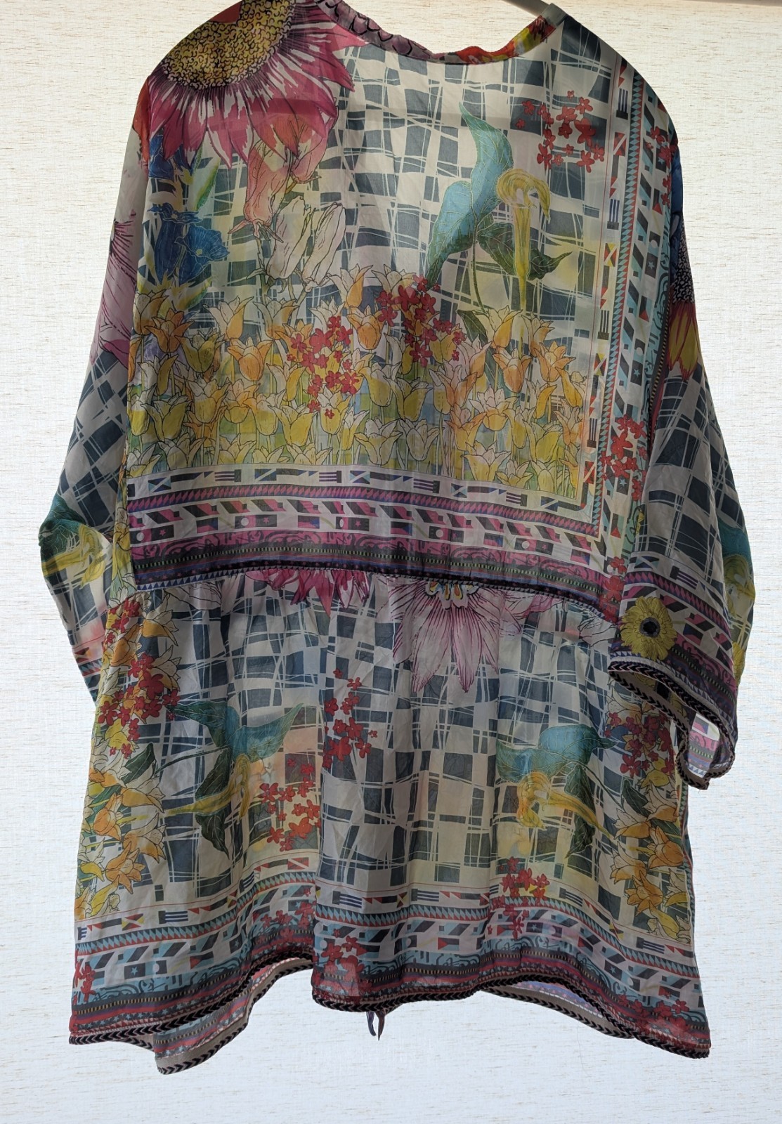 Johnny Was 100% Silk Tunic Floral Sunflower Print Boho Oversized Kimono