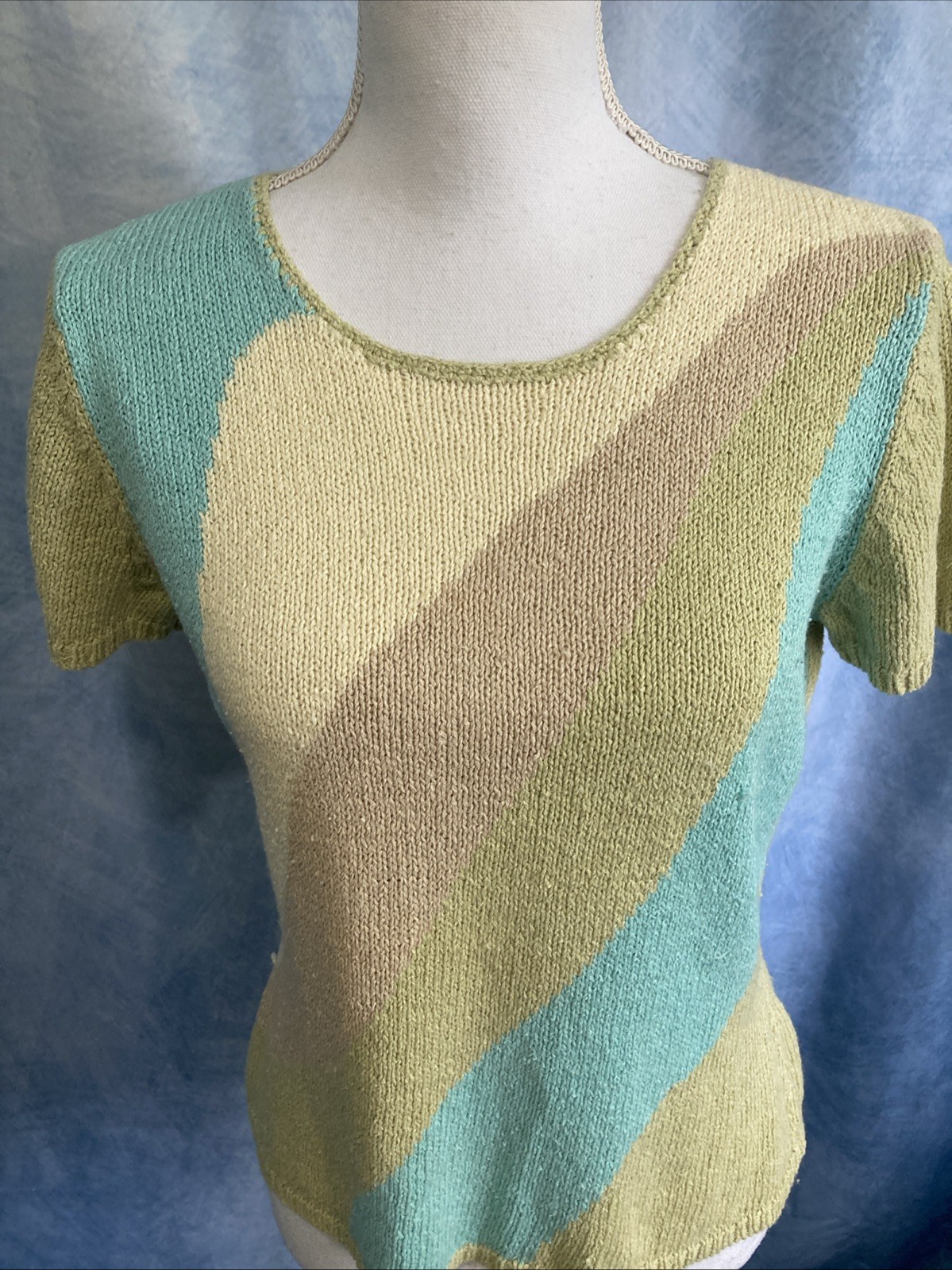 Vtg 90s Requirements Pastel Color Block Knit Short Sleeve Sweater Top Ramie Boxy