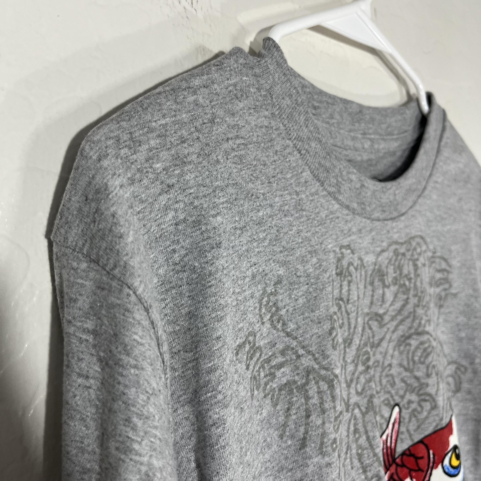 Ed Hardy Shirt Womens Medium Gray Long Sleeve Koi Fish Graphic Tee Top Tattoo