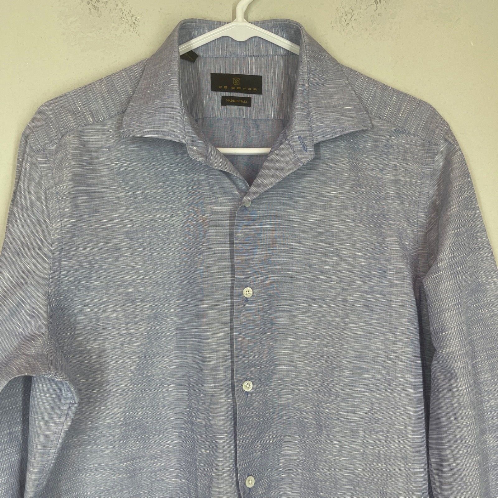 Ike Behar Men’s Button Up Dress Shirt Size 15 1/2 Linen Cotton Blue Italy