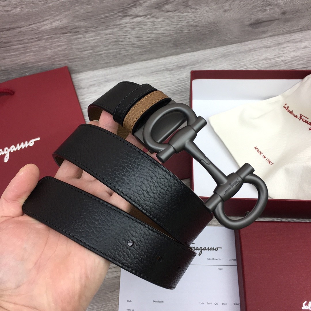 Authentic Ferragamo Belt width 3.5cm/1.37inch Black/Brown Reversible