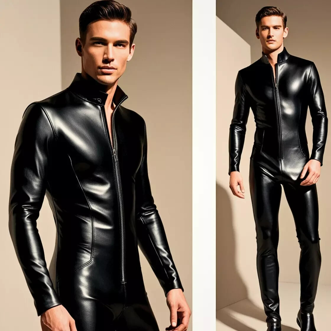 MENS PVC VINYL SHINNY CATSUIT BLACK OVERALL BIKER JUMPSUIT BODYSUIT FULL SUIT