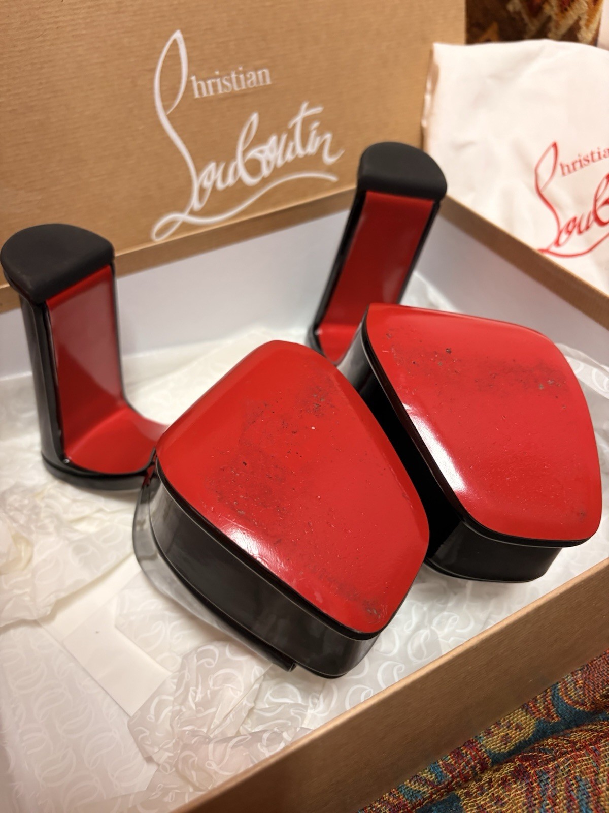 Christian Louboutin Black Patent Leather Platform Block Heel Mules Red Sole Box