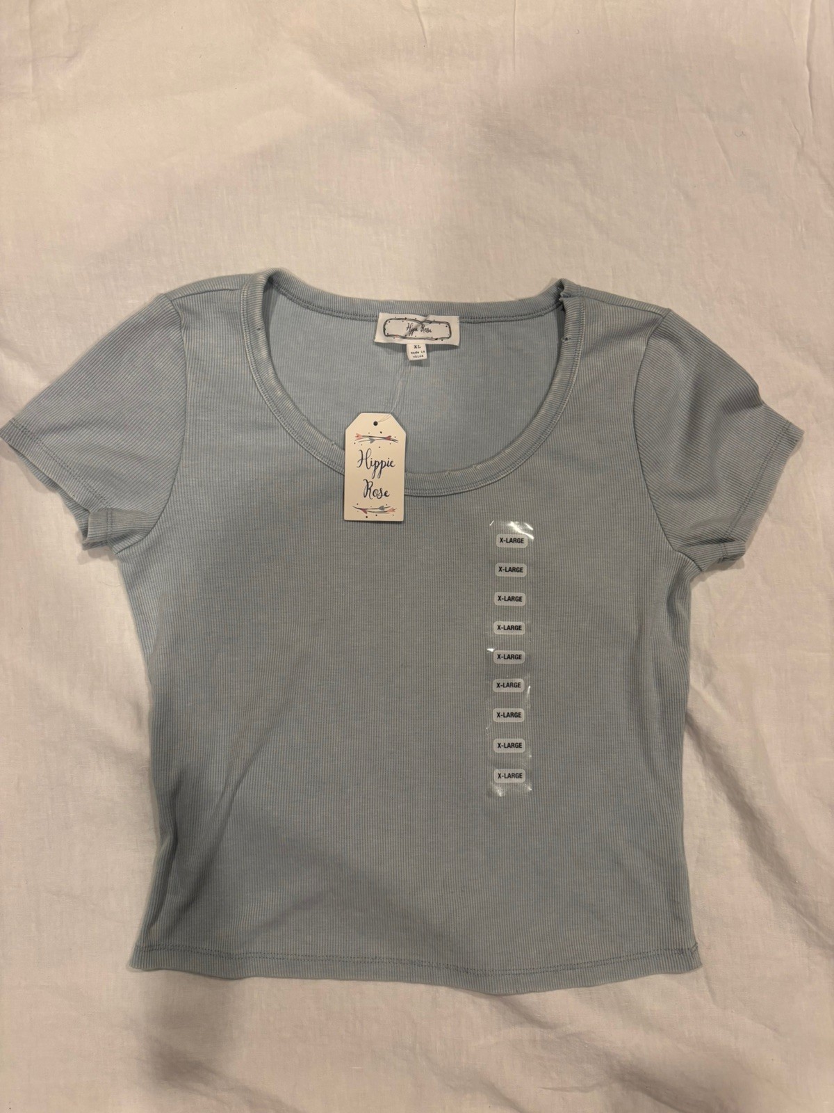 NWT Hippie Rose Ribbed Distressed Short Sleeve Tee Light Blue Juniors Sz XL