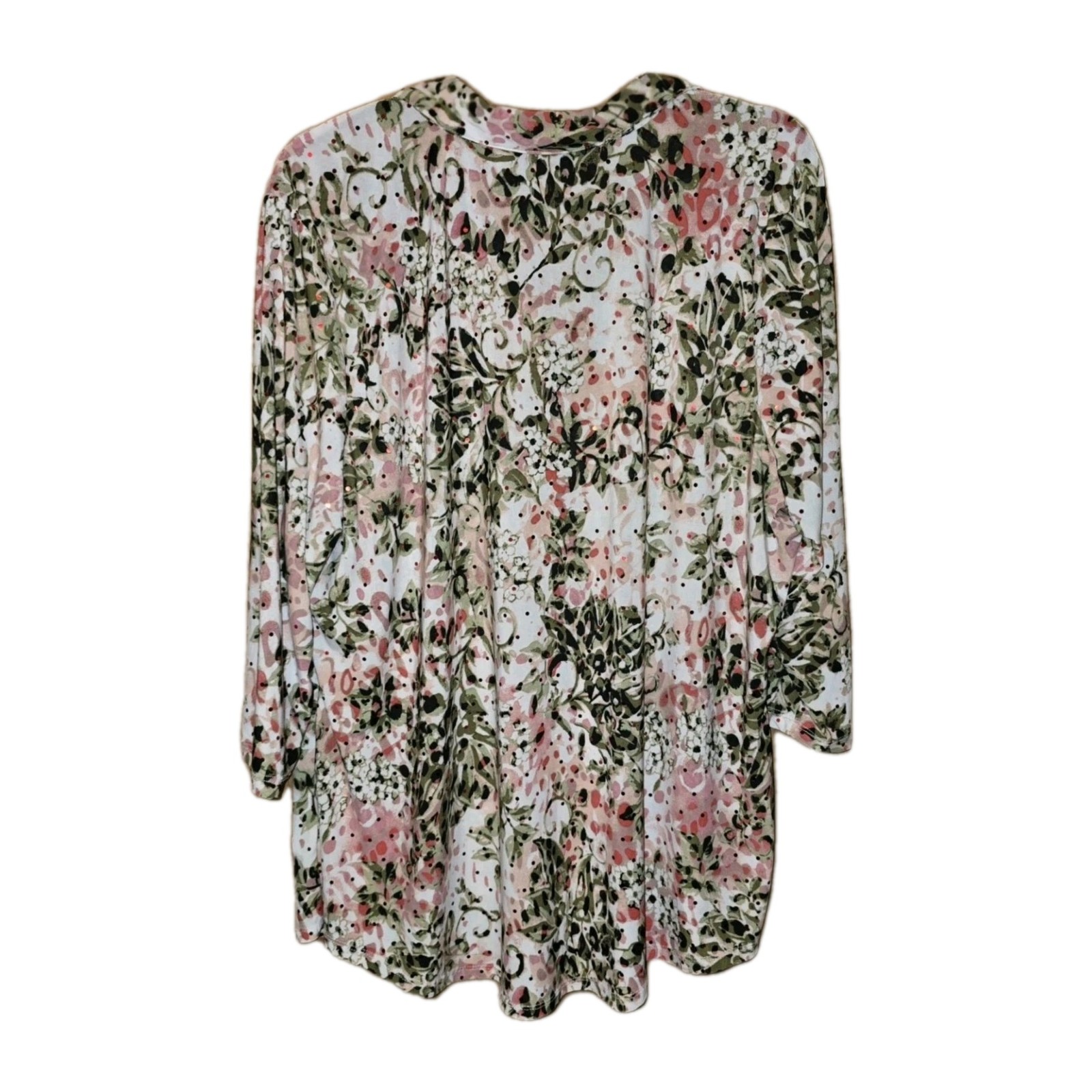 Emily Daniels Floral Blouse Roll Tab Sleeve White Green Peach Pullover Top 1X