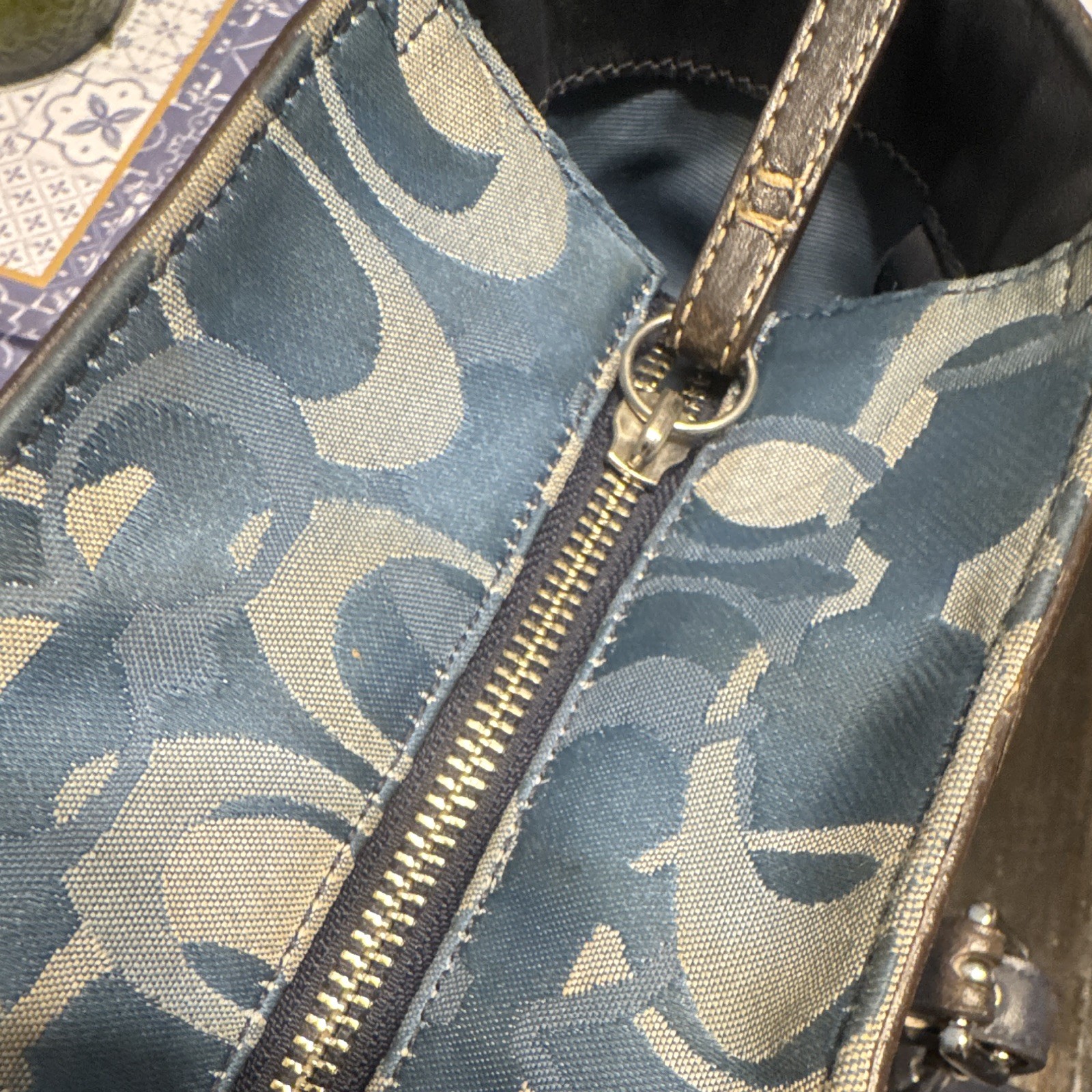 Coach Signature Blue/Brown Medium Tote Shoulder Bag Zip Double Handles Strap