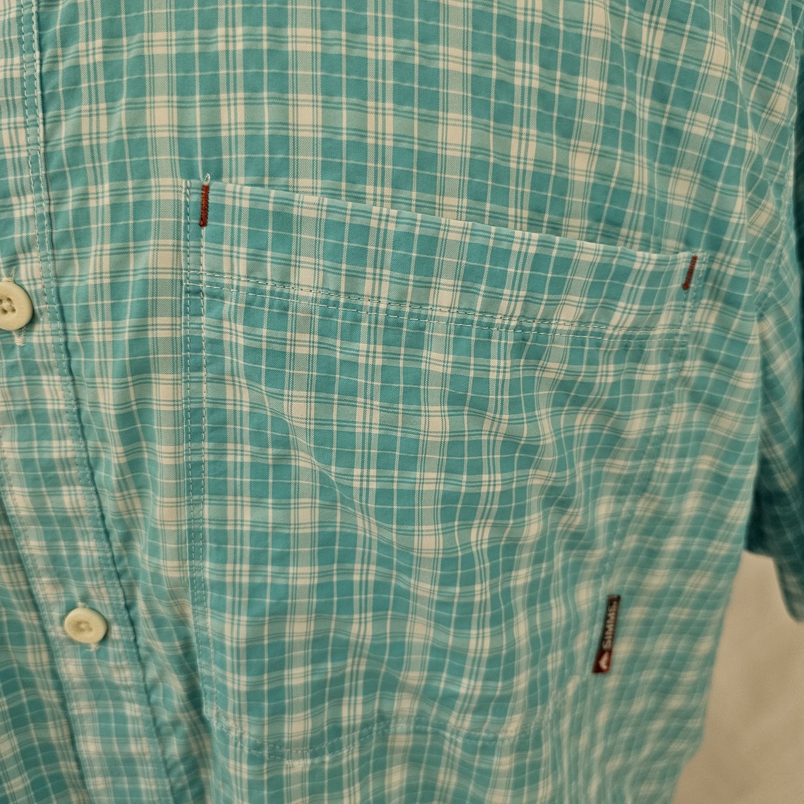 Simms Nylon Poly Seersucker Fishing Shirt Men’s Aqua Blue Plaid Lightweight XL