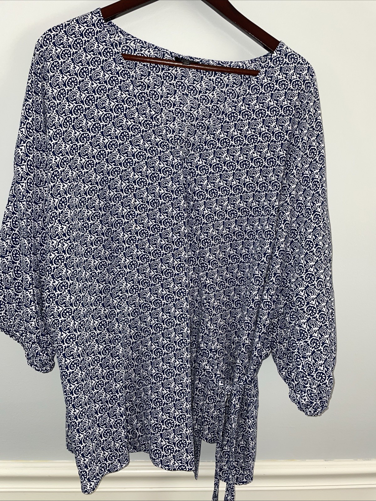 Talbots Faux Wrap Top Spot Print Long Sleeve Blouse Blue White Plus 2x