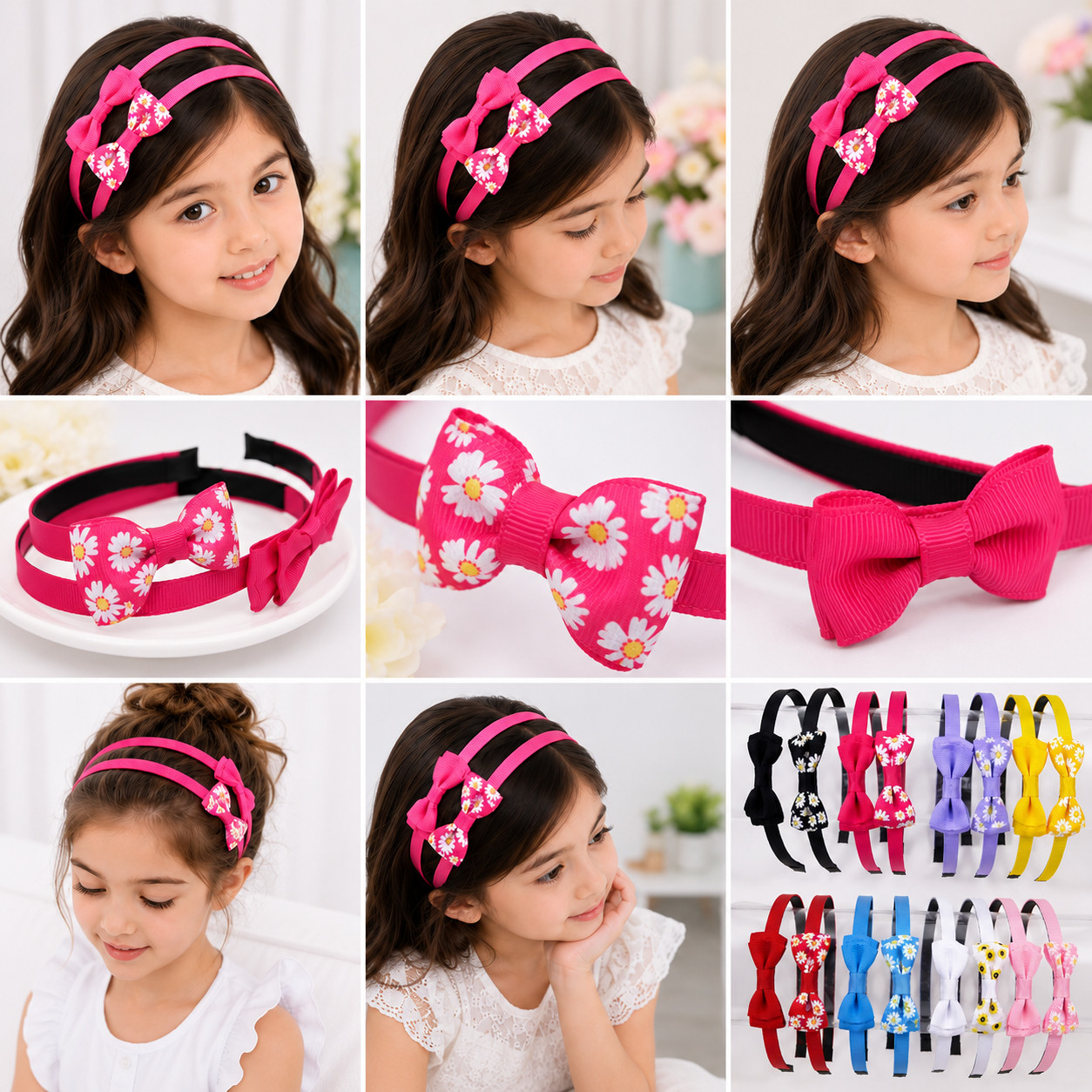 12pc Girl Flower Solid Bowknot Ribbon Headband Hair Bow Head Band Clip Women Lot