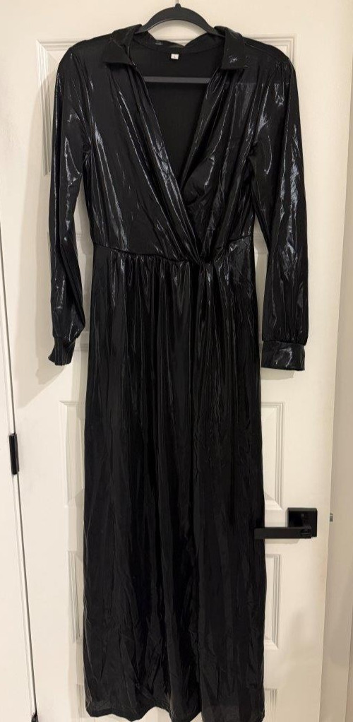 Womens Sheer Wet Look Long Sleeve High Slit Gown Dress Sz L Black NWOT