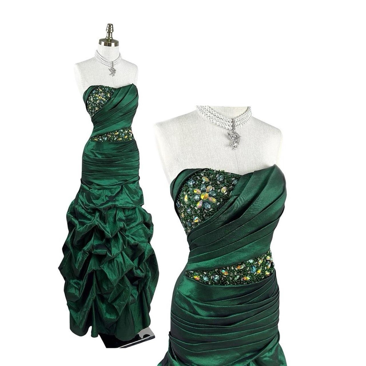 Vintage 90s Green Strapless Beaded Draped Taffeta Mermaid Evening Prom Gown 8