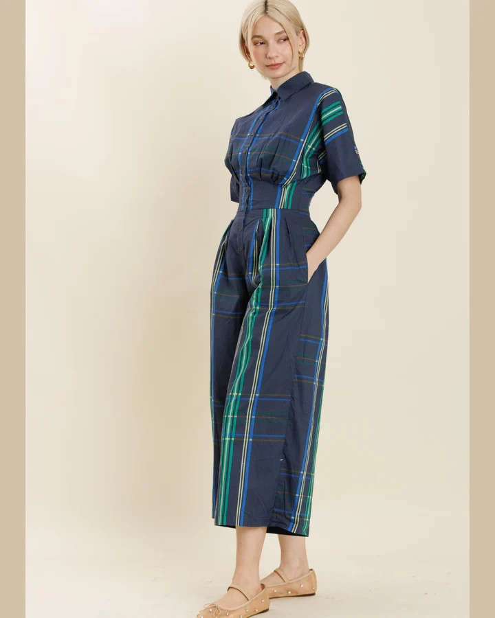 Aureum Short Sleeve Jumpsuit Bethany Blue Green Plaid Pleated Waist Cropped S
