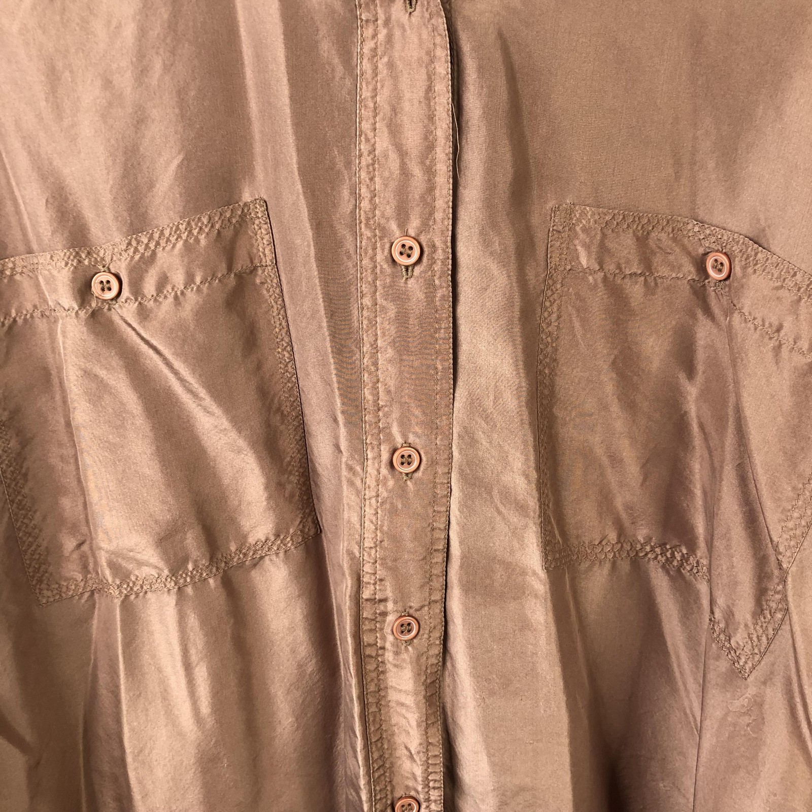 Luxury Top Womens L Beige 100% Silk Button Front Pockets Long Sleeve Career