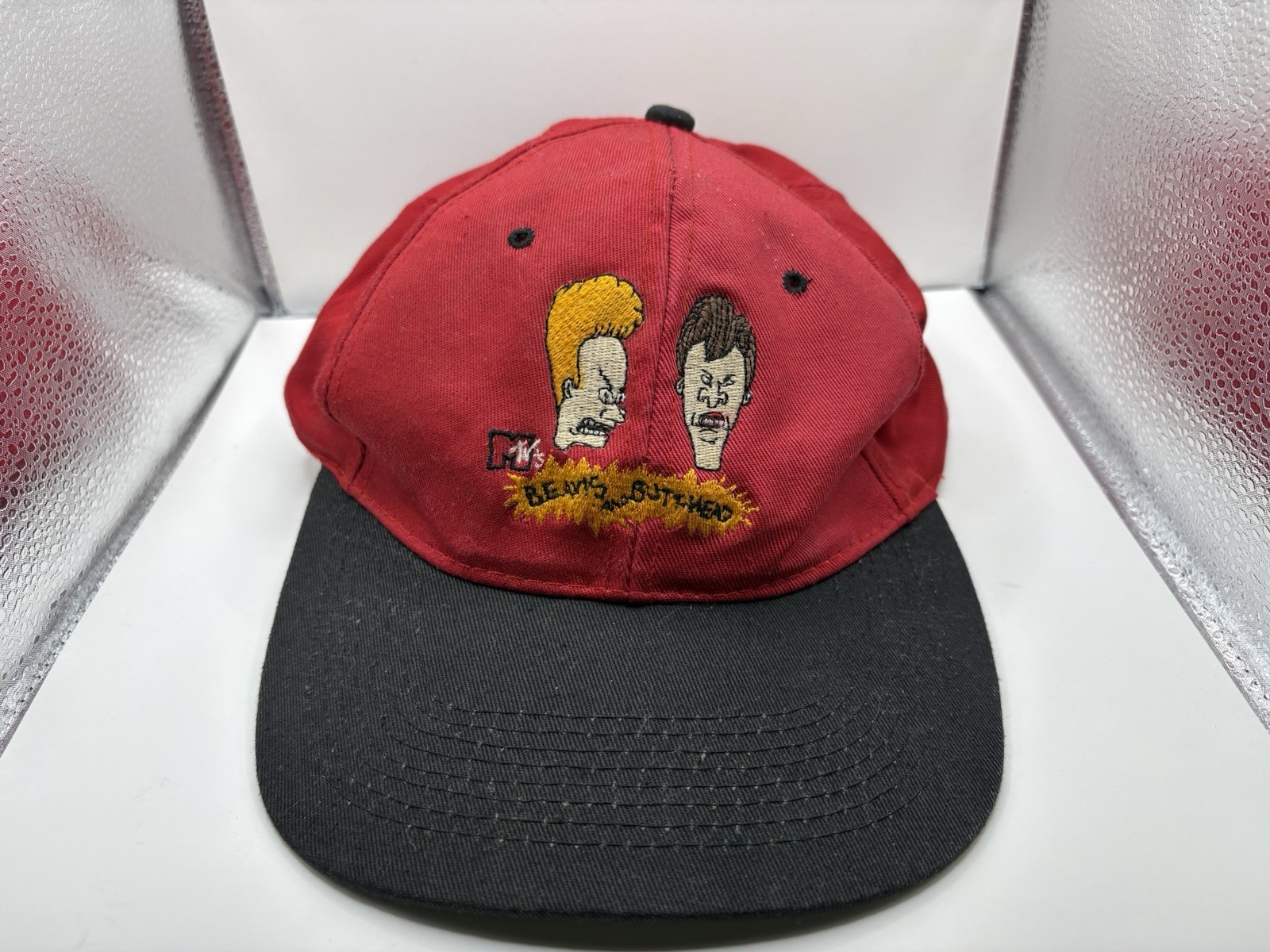 Vintage 90s MTV Beavis and Butt Head Snapback Hat Red Black Green Underbrim VTG