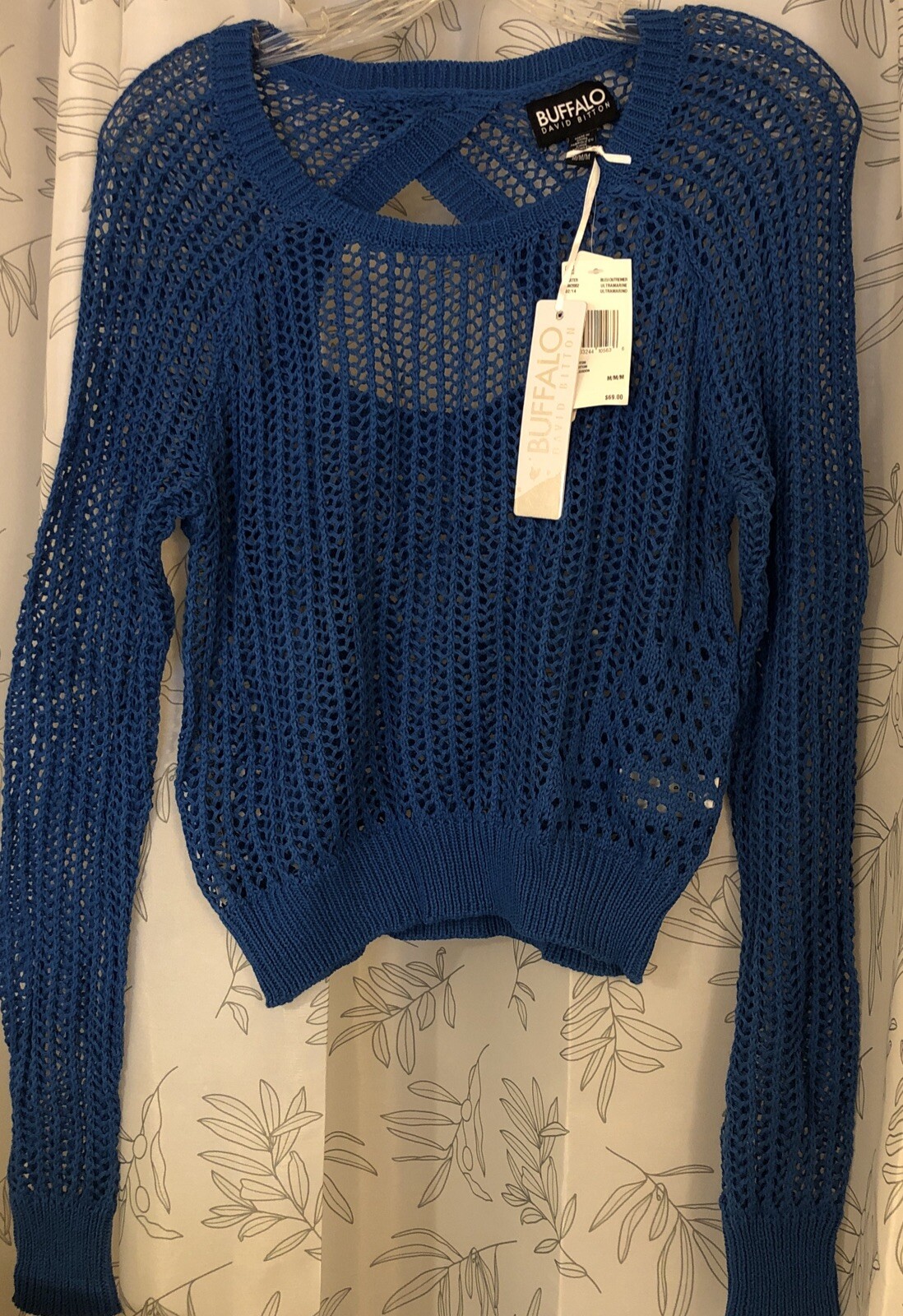 BUFFALO David Bitton NWT Summer Open Weave Blue Cropped Sweater GORGEOUS! Sz MED