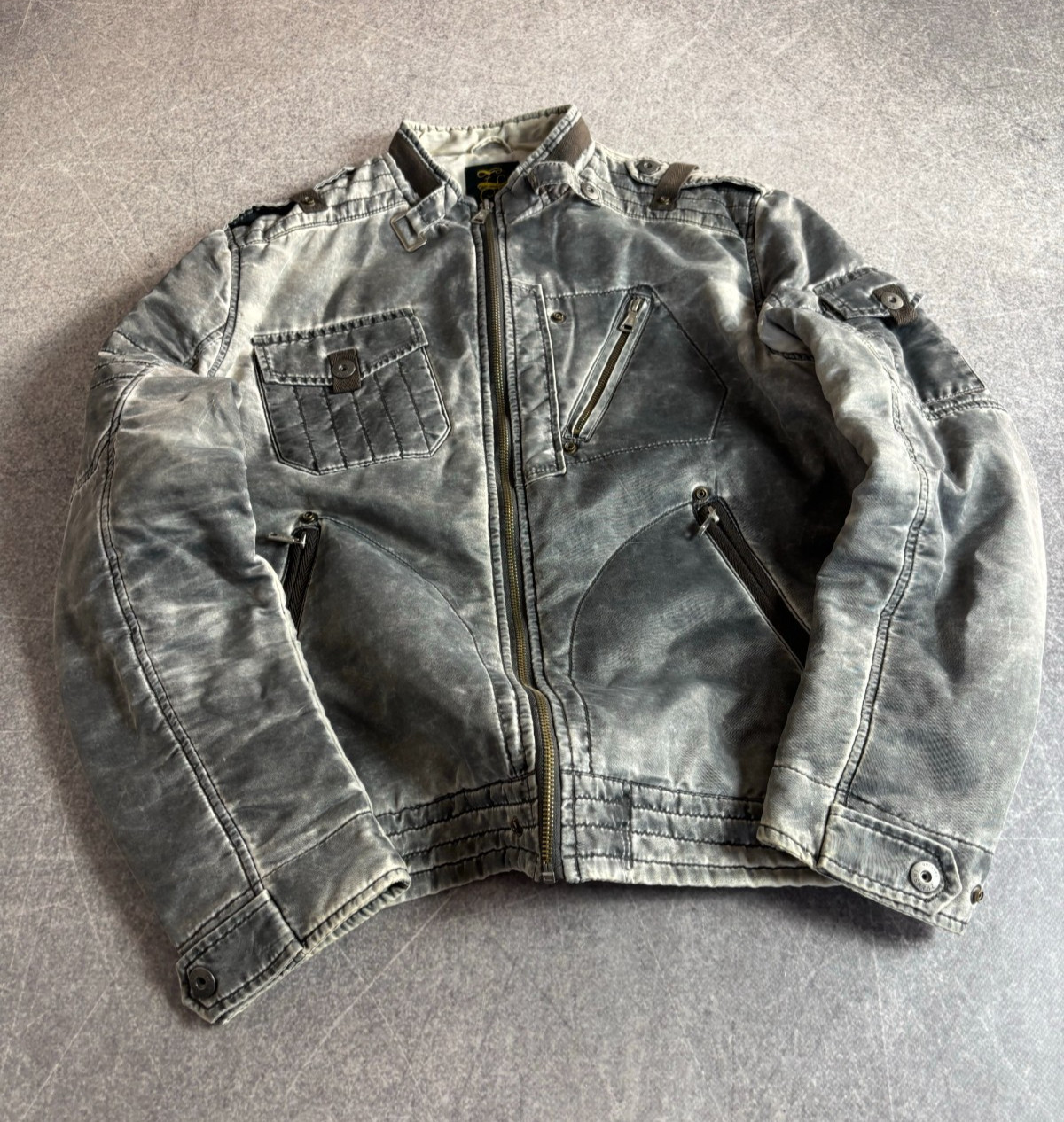 Avant Garde Japanese 2000s Washed Distressed ZIpper Nylon Bomber Jacket Boxy Fit