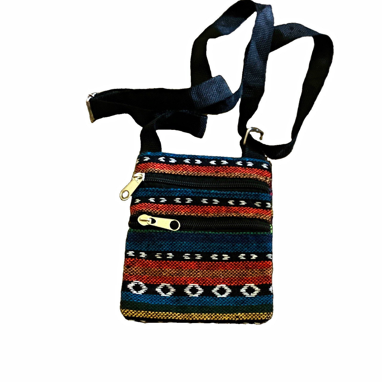 Geometric Striped Multicolor/Black Crossbody Bag Zip Closure Adjustable Strap