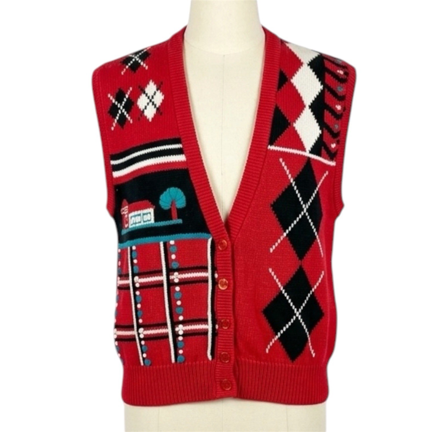 Koret Vintage Women’s Multicolor Cardigan Argyle Knit Sweater Vest Sz S Cabin