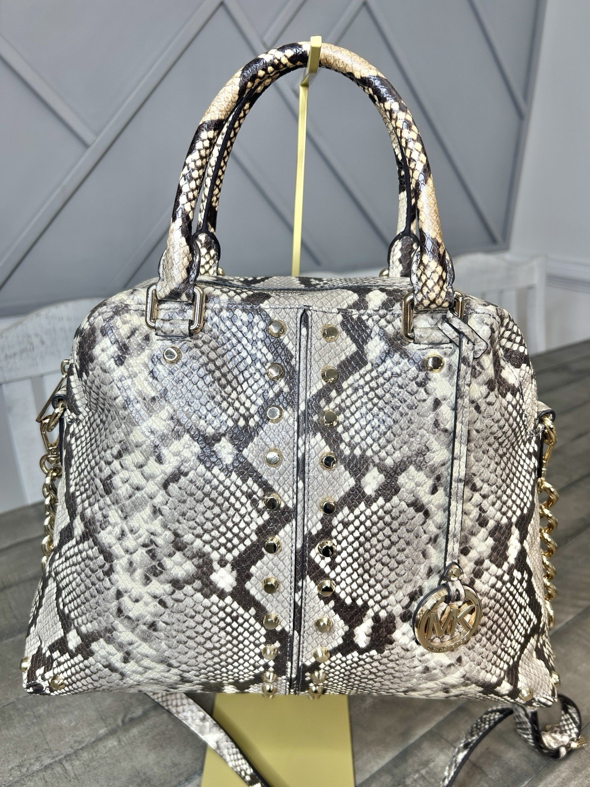 Michael Kors Uptown Astor Python Embossed Leather Studded Satchel Crossbody