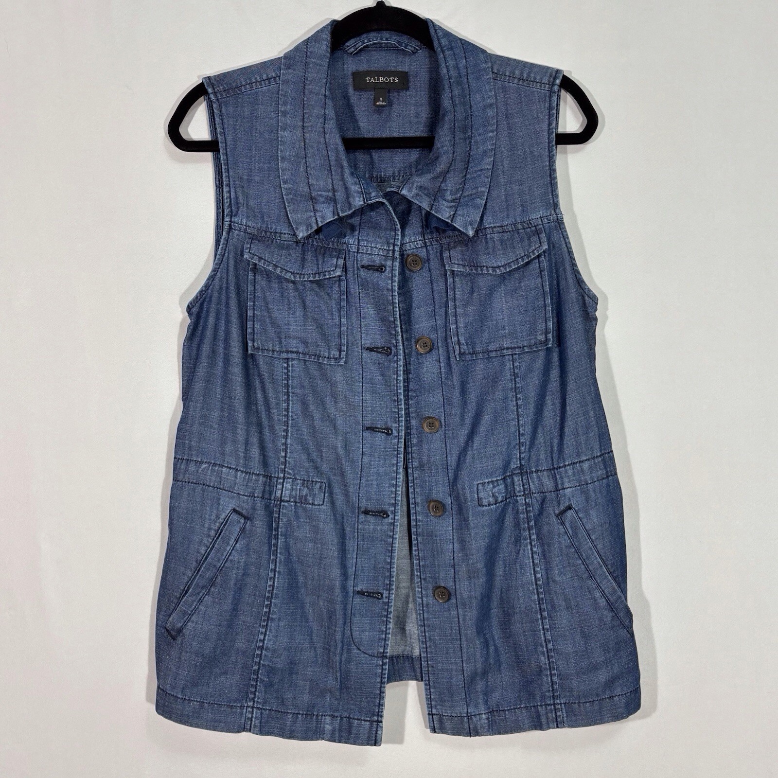 Talbots Blue Chambray Button Up Tunic Vest XL Pockets Cotton Linen Blend