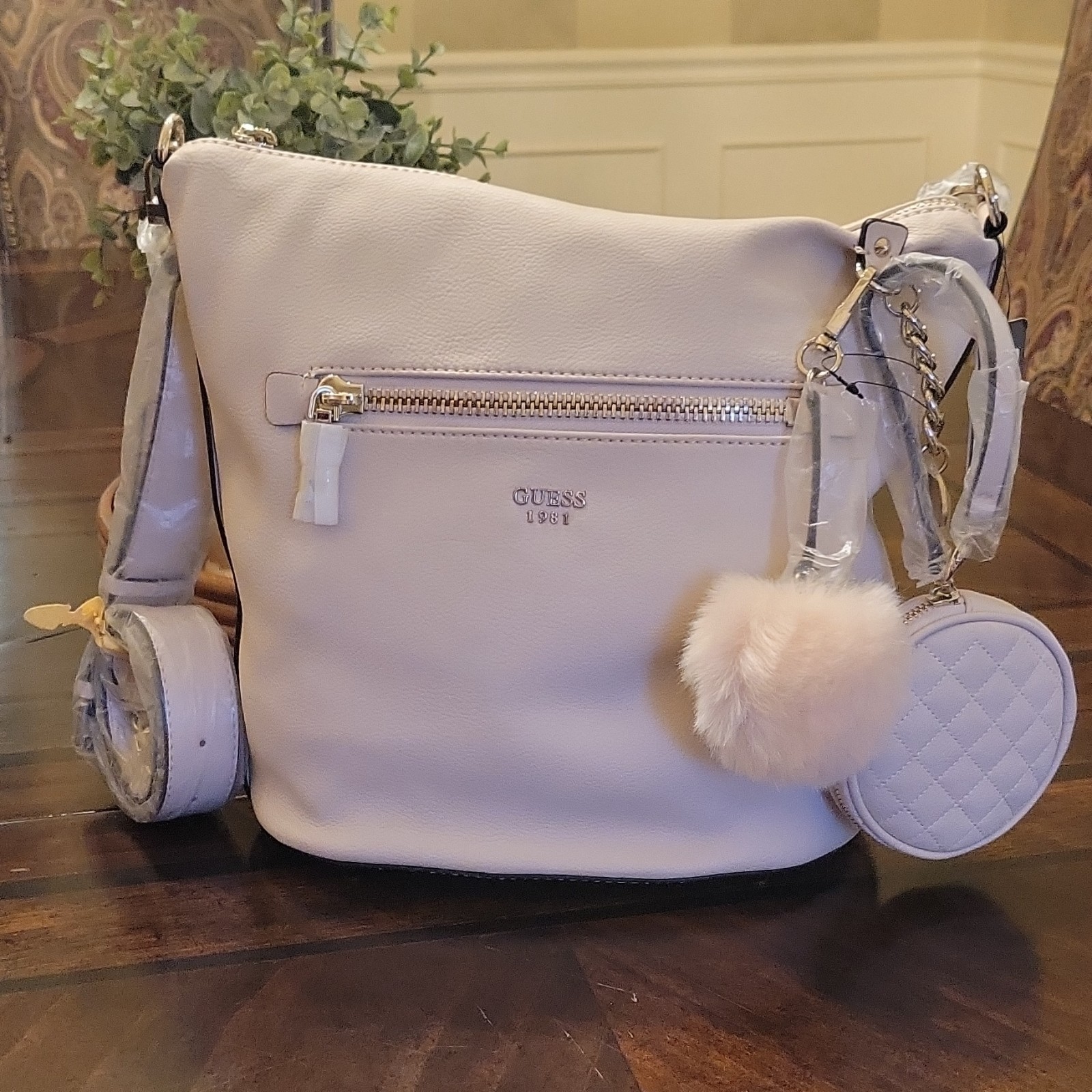 GUESS Tenley Hobo Powder Medium Shoulder Bag Zip Closure w/ Coin Purse & Charm