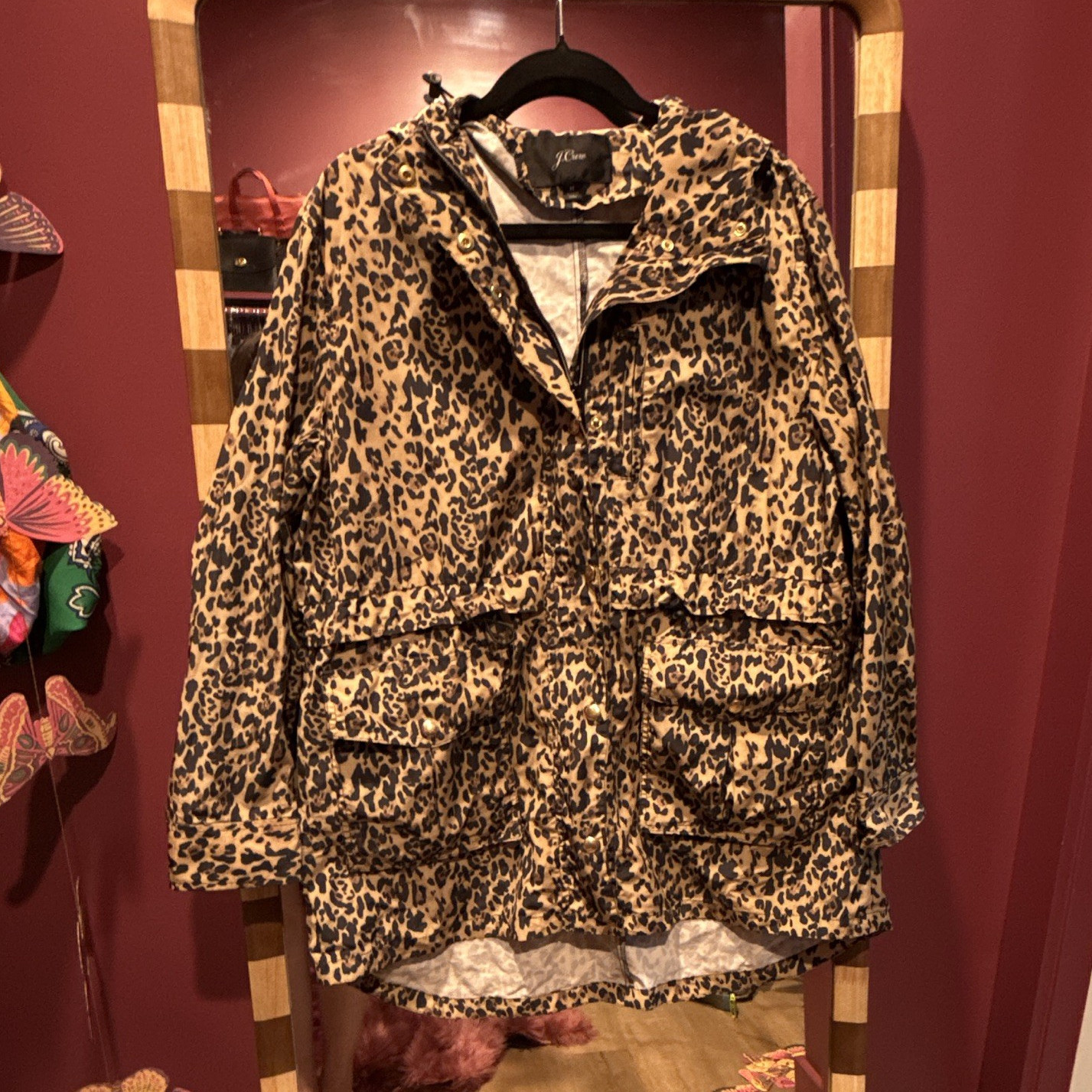 J.Crew Women’s Hooded Zip Rain Coat Jacket Leopard Print Mid-Length Size M