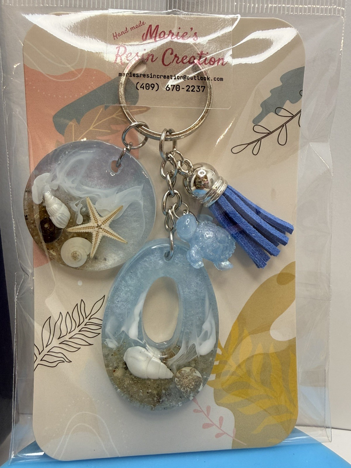 Custom made keychain Beach Theme Baby Blue Resin Keychain.