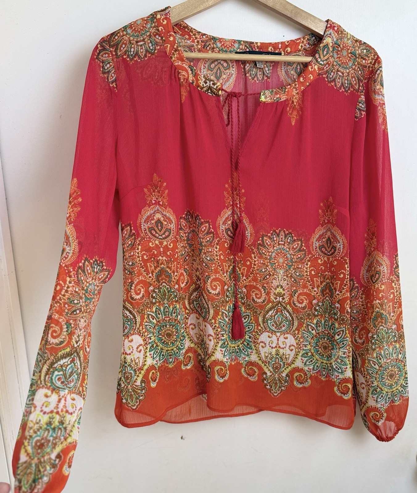 Rose & Olive Long Sleeve Tassel Sheer Top Size S Red Orange Floral Boho Layering