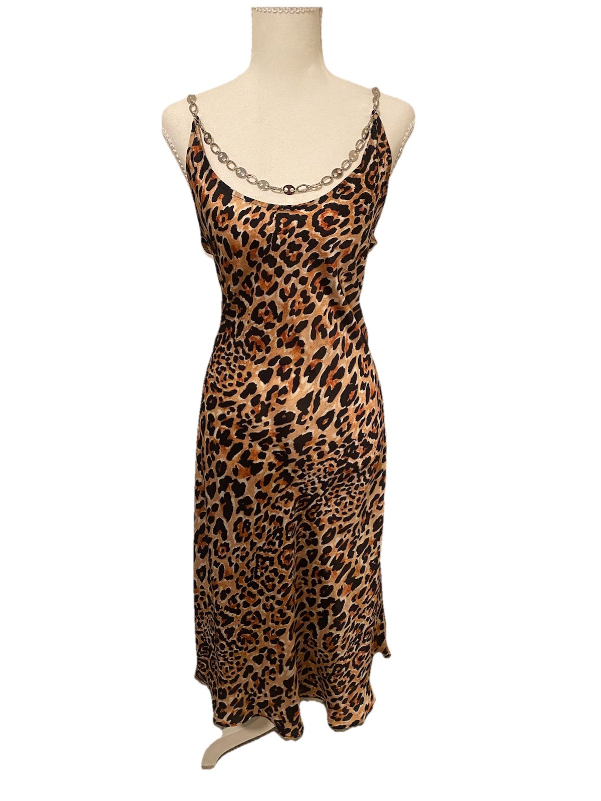 Paco Rabanne Leopard Print Satin Midi Slip Dress Chain Straps Scoop Neck 42