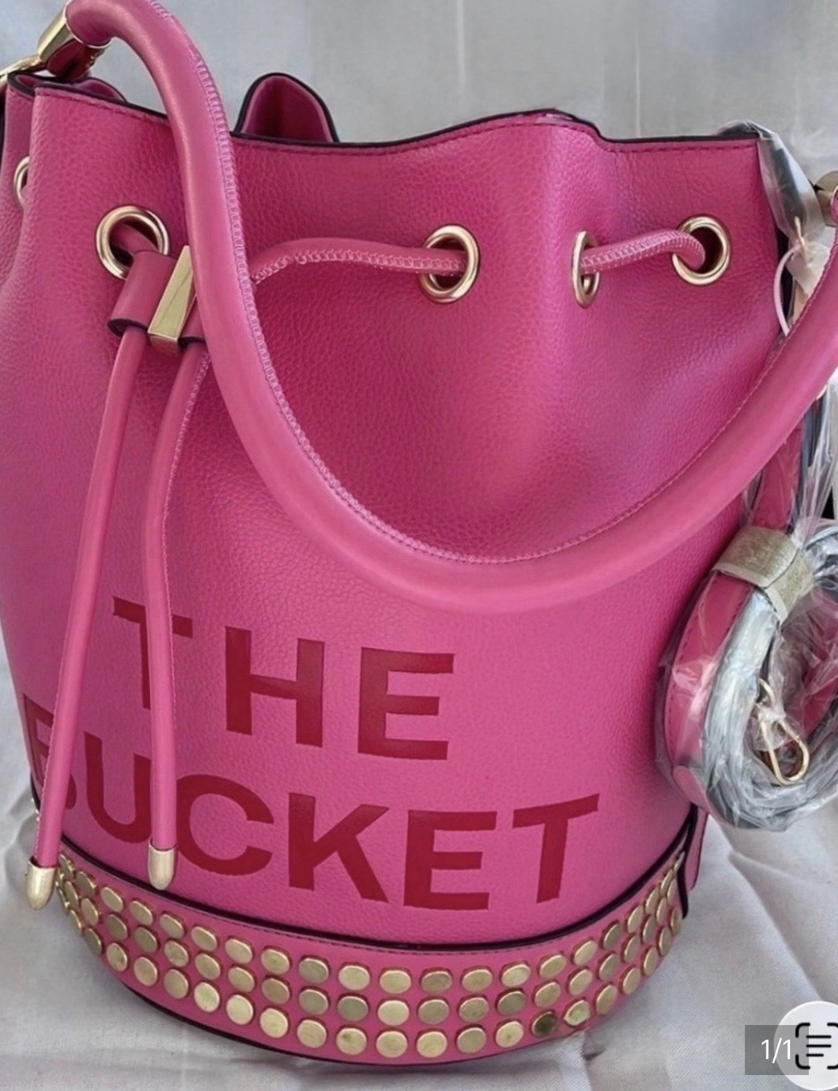 Women’s Pink Bucket Drawstring Bag, Studded & Grommet, Detachable Strap, Gold