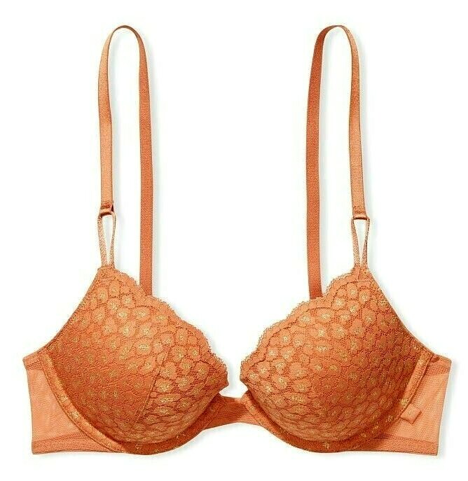 38D Carmel Gold SHINE Lace Mesh Extreme Lift Victorias Secret Plunge PU UW Bra